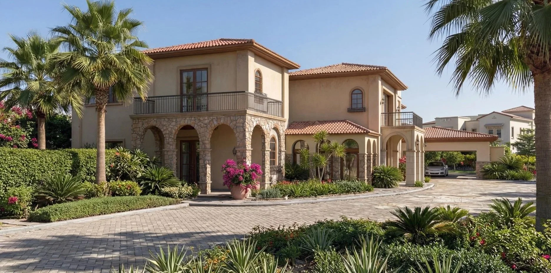 A large two-story house with a beige exterior, red tile roof, and arched windows, featuring a balcony on the second floor and a paved driveway with a white convertible car parked underneath a carport. There are green bushes and trees in the front yard, with a cloudy sky in the background.