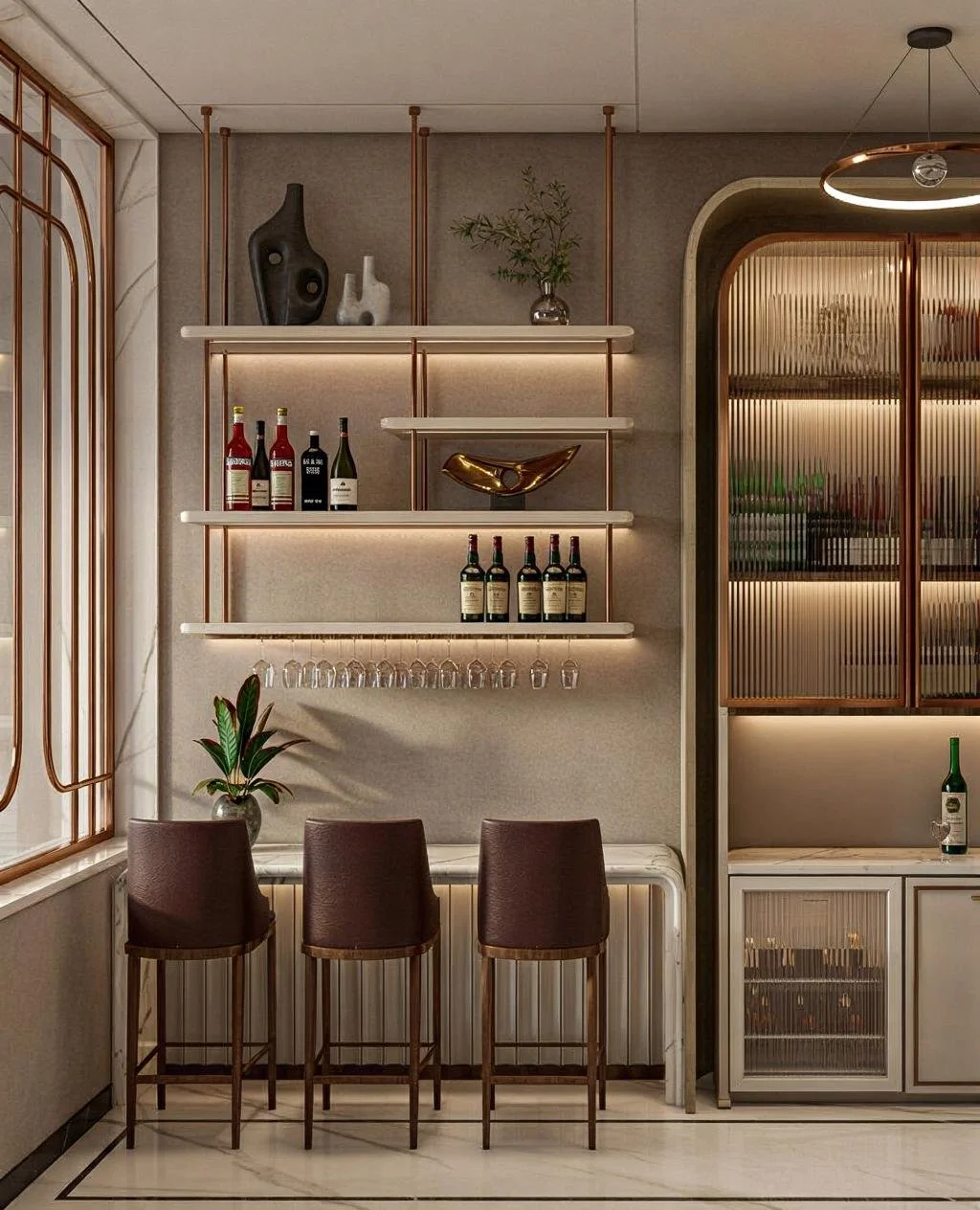 Modern bar area with beige and brown decor, three brown bar stools, shelves with wine bottles, decorative vases, and plants.