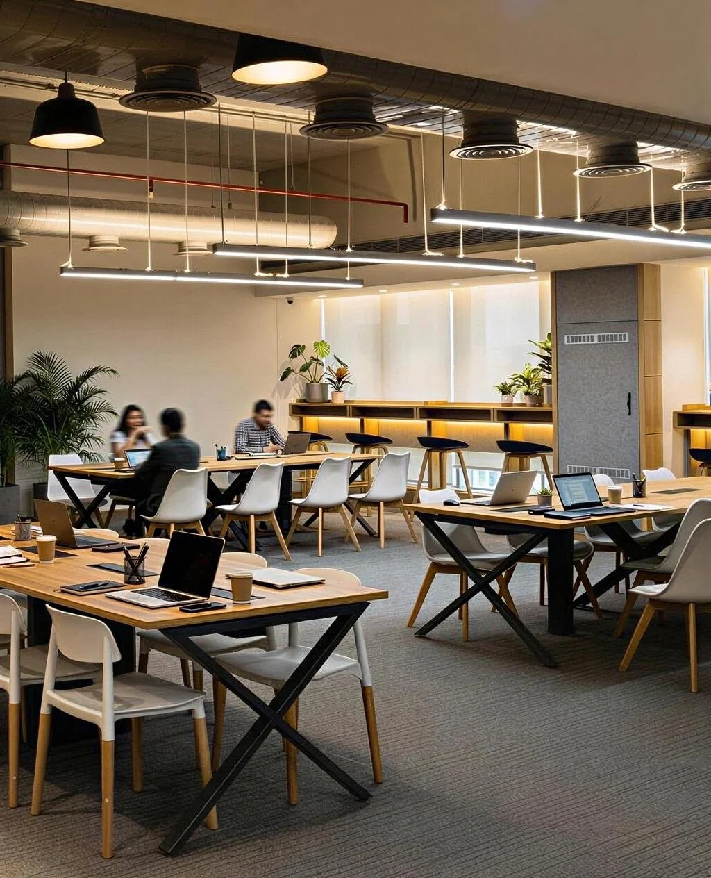 Modern shared office space with wooden tables, white chairs, laptops, coffee cups, and green plants. Overhead lighting and large windows provide natural light.
