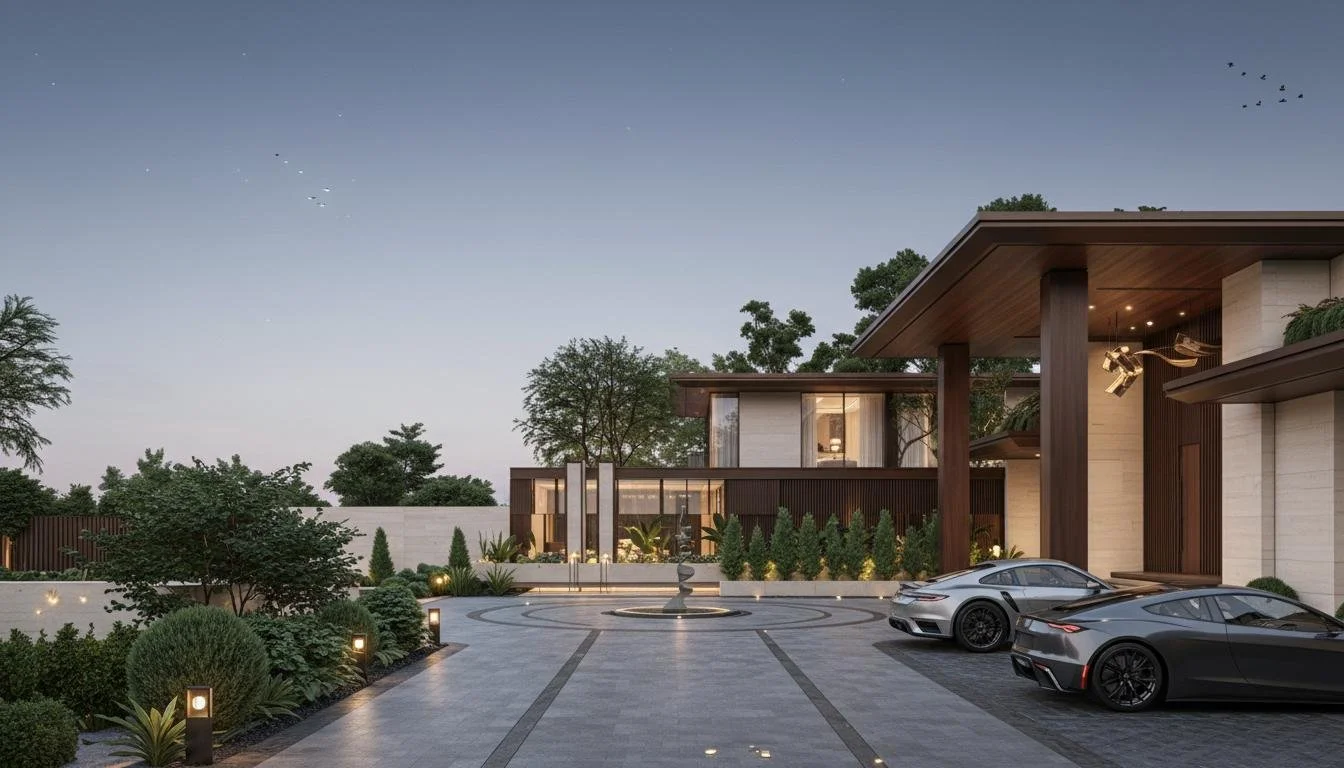 Modern mansion with a large driveway, landscaped garden, and two luxury sports cars parked in front, under a clear evening sky.