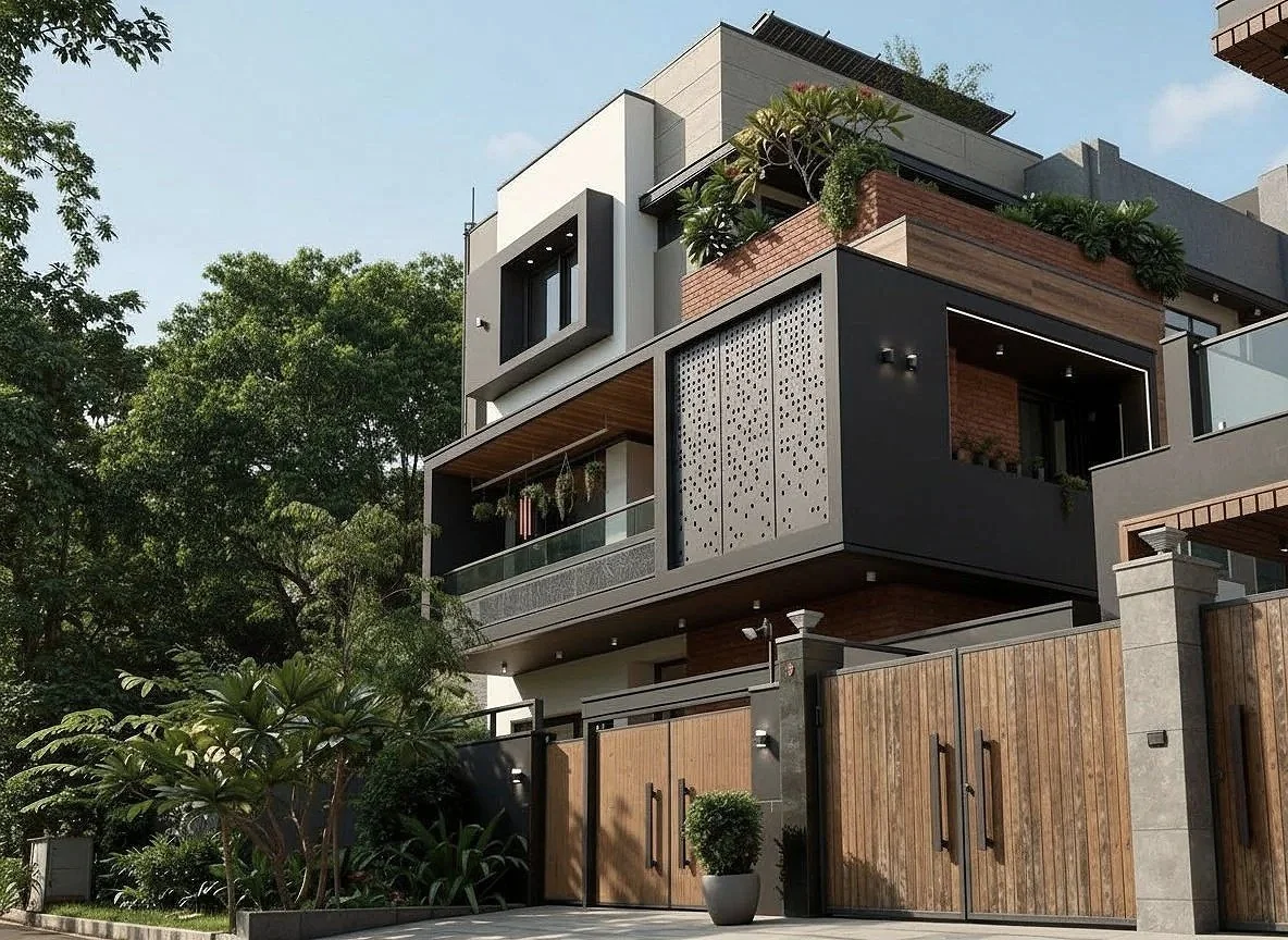 Modern multi-story house with a gated wooden fence, outdoor plants, and spacious balconies, featuring a contemporary architectural style with geometric shapes and large windows, surrounded by lush greenery.