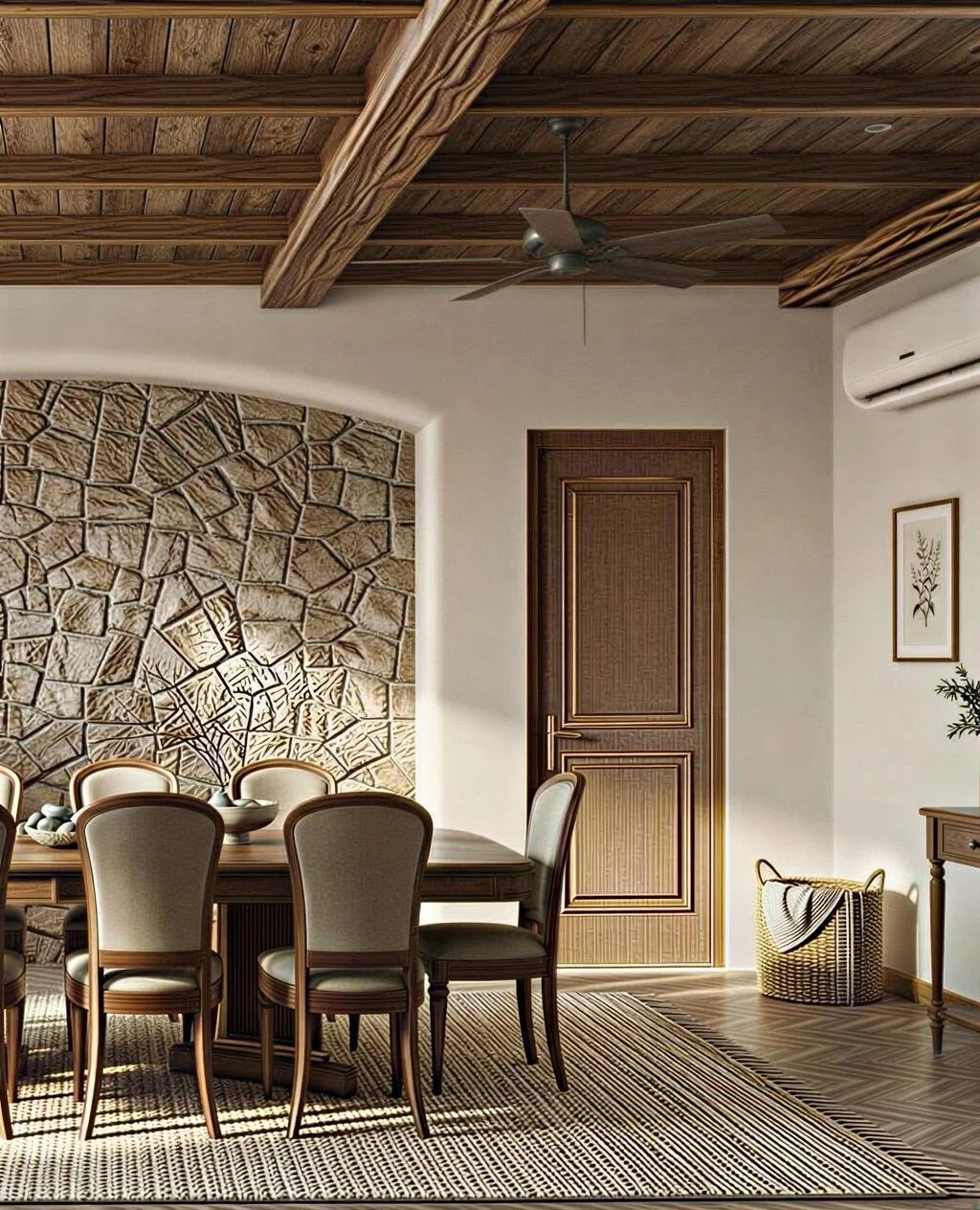 A dining room with a wooden ceiling, a ceiling fan, a closed wooden door, and a stone accent wall. There is a wooden dining table with six beige upholstered chairs, a patterned rug, a framed botanical print on the wall, a basin with stones, a woven b