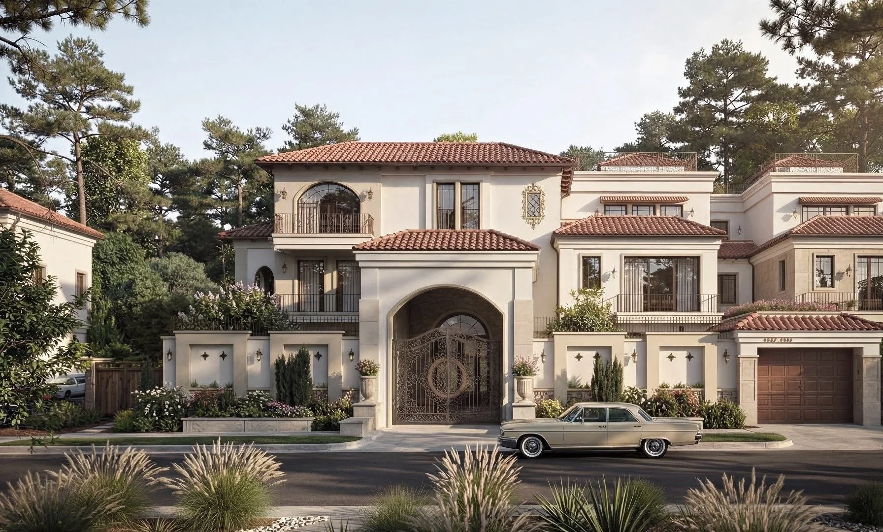 A large, elegant mansion with a red-tiled roof, multiple balconies, and ornate metal gates, surrounded by trees and landscaped gardens, with a vintage car parked in front.
