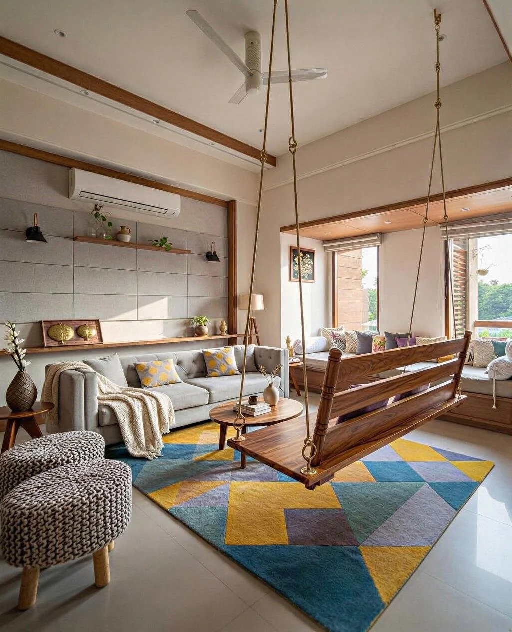 Living room with a wooden swing suspended from the ceiling, a beige sofa with pillows, a colorful geometric rug, and large windows with window seats.