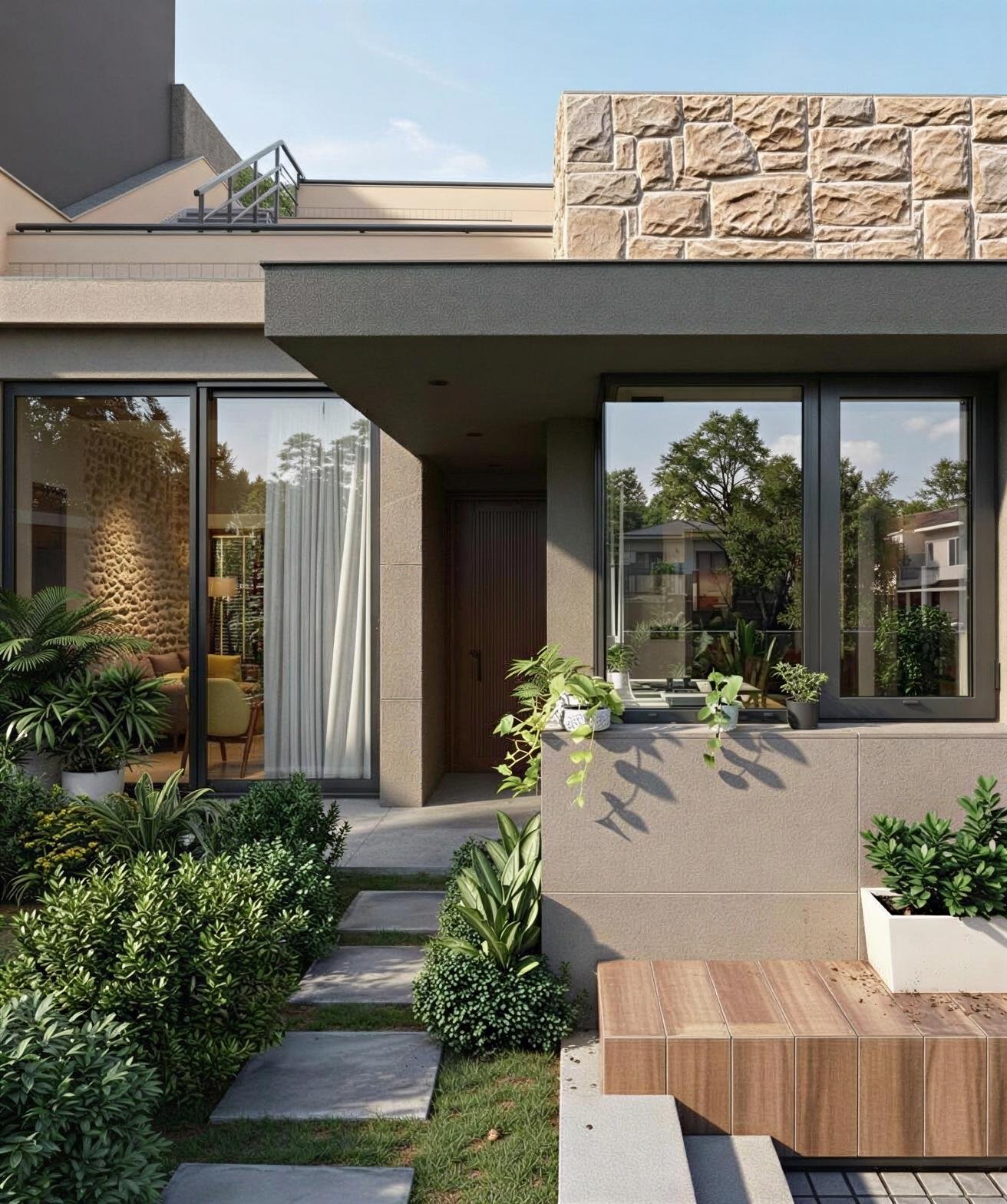 Modern house entrance with large glass window, lush green plants, stone pathway, and contemporary exterior design elements.