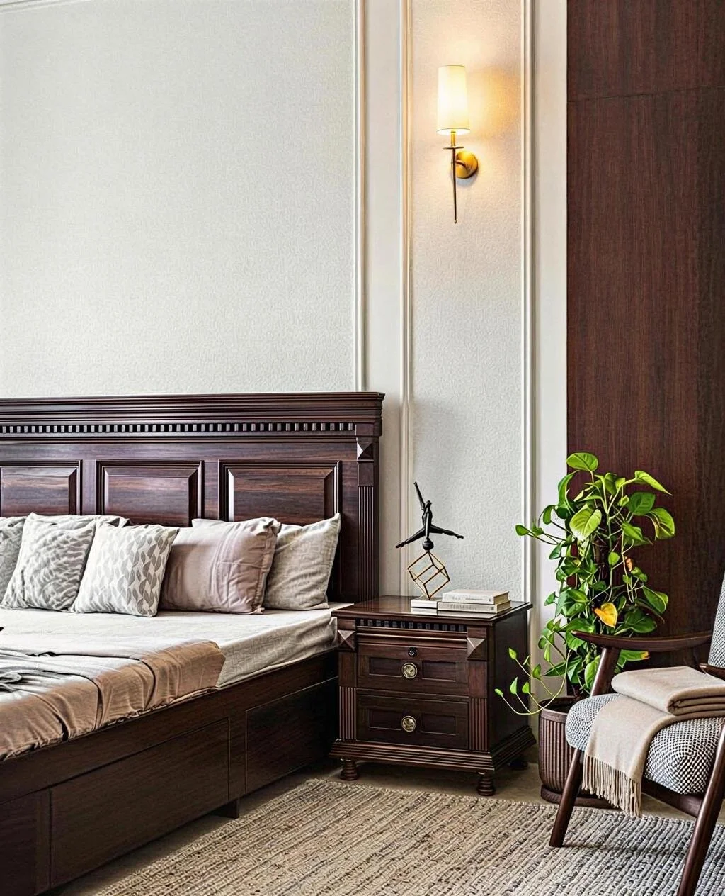 A bedroom corner with a wooden bed, plush pillows, a nightstand, a modern wall sconce, a potted plant, and a wooden chair with a blanket.