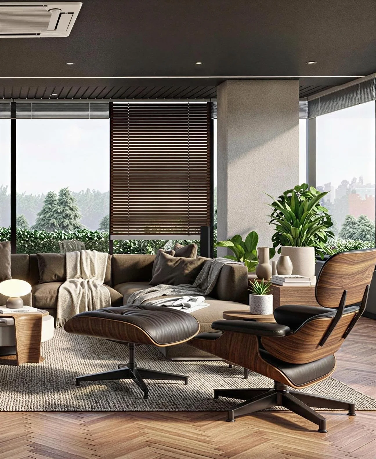 Modern living room with beige sofa, black leather lounge chair, wooden furniture, green plants, large windows with blinds, and a view of trees outside.