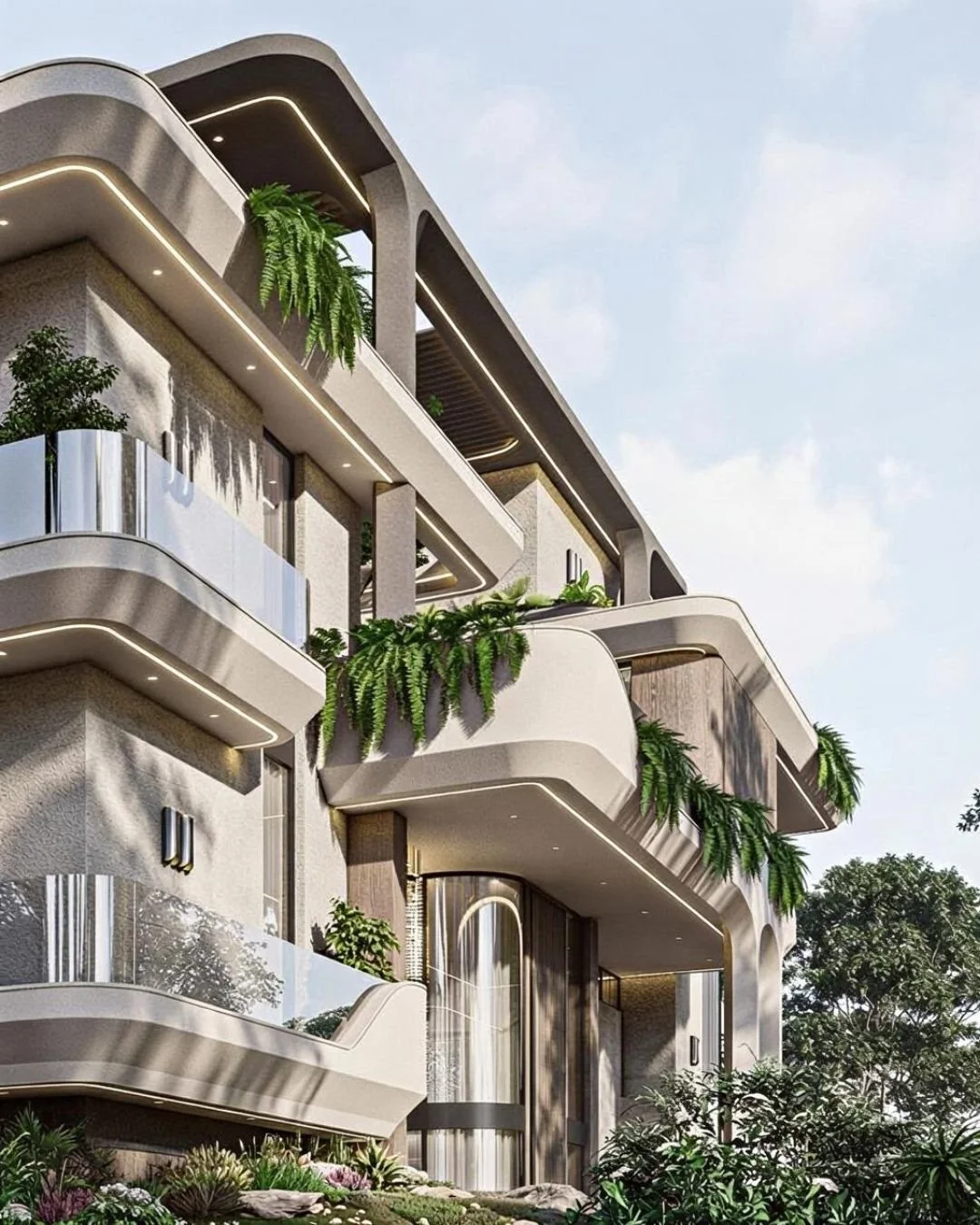 Modern multi-story building with curved balconies, glass railings, and lush green plants hanging from and placed on the balconies, with a clear sky in the background.
