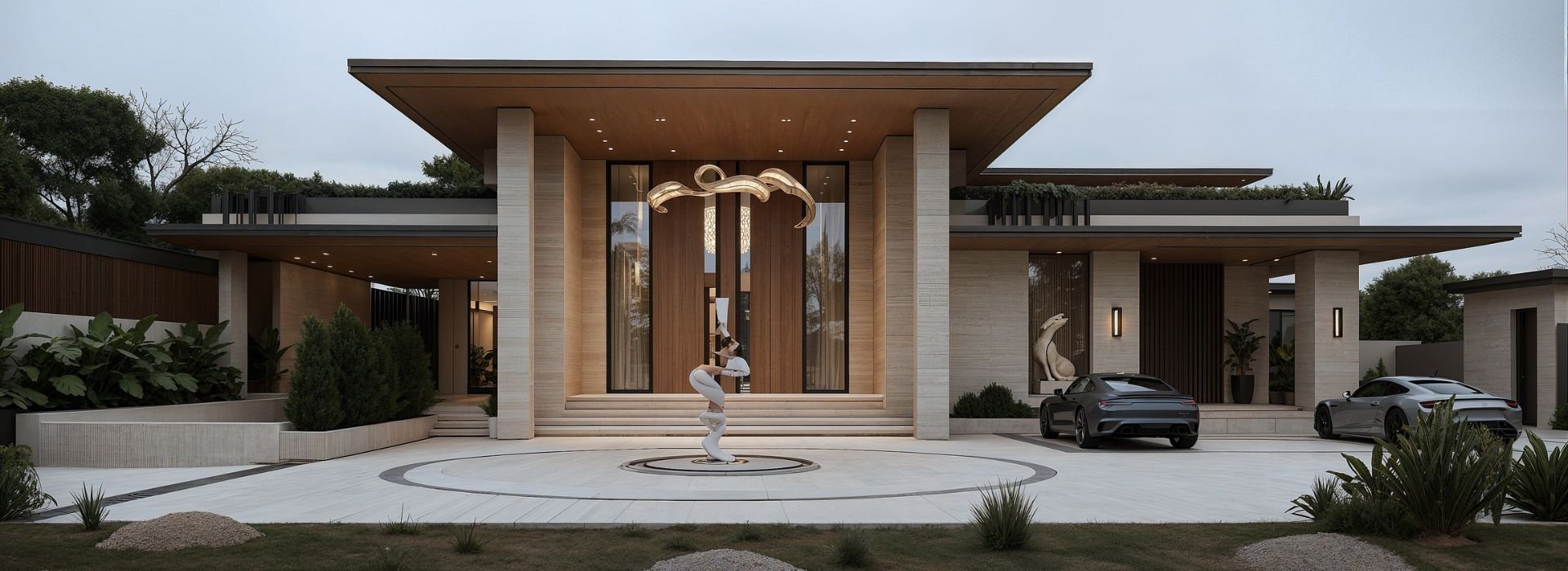 Modern luxury house with launching pad style roof, glass doors, and a driveway with two cars, surrounded by lush greenery and sculptures.