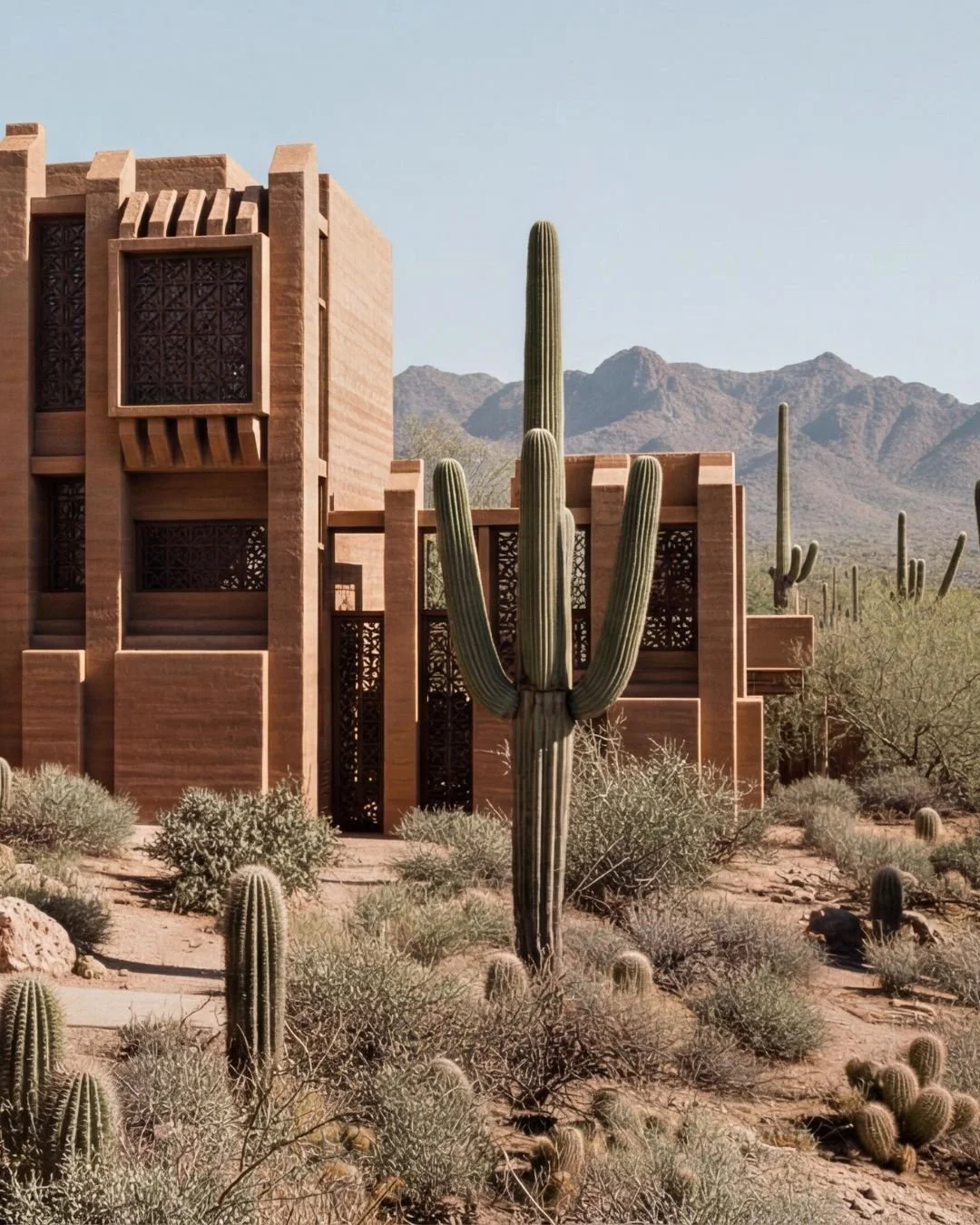 A modern house with desert landscaping, including tall cacti and shrubs, set against mountains, in a desert setting.