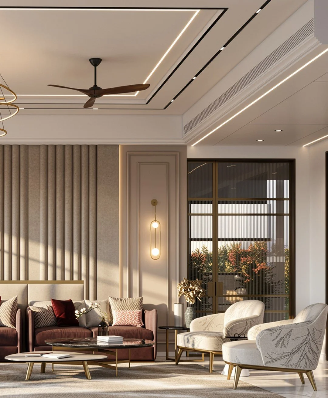 Modern living room with beige sofa, two white armchairs, a coffee table, and a sliding glass door with gold trim.