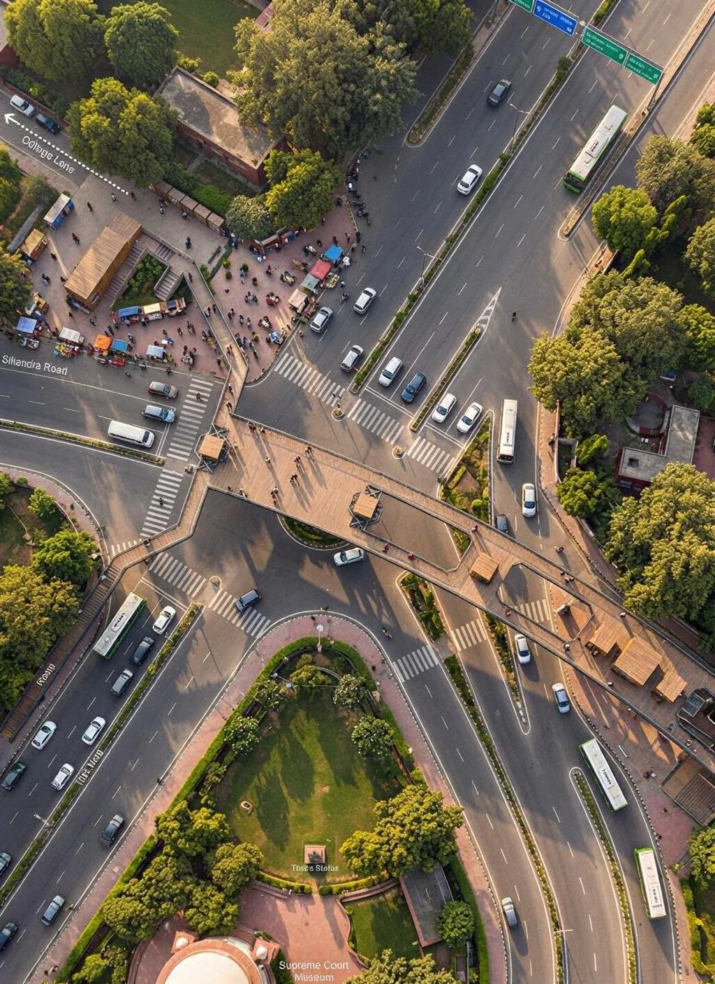 An aerial view of a busy intersection with roads, pedestrian bridges, green trees, and a park area with pathways and benches.