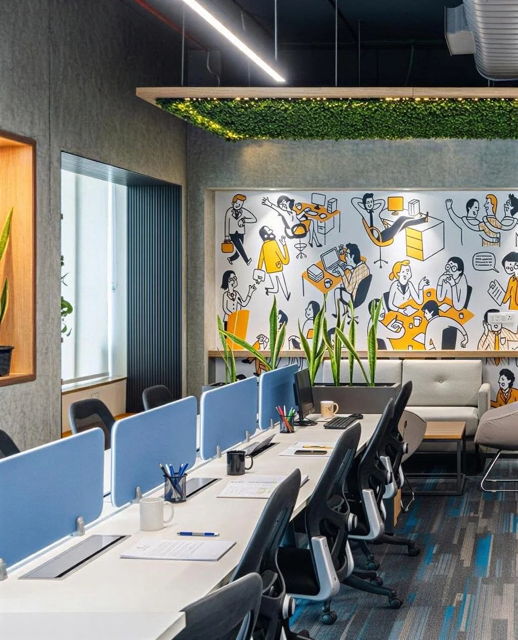 An office conference room with a long table, black office chairs, and blue privacy screens. There are computers, notebooks, and mugs on the table. The wall features a mural of people working and interacting, with plants in the foreground and a ceilin