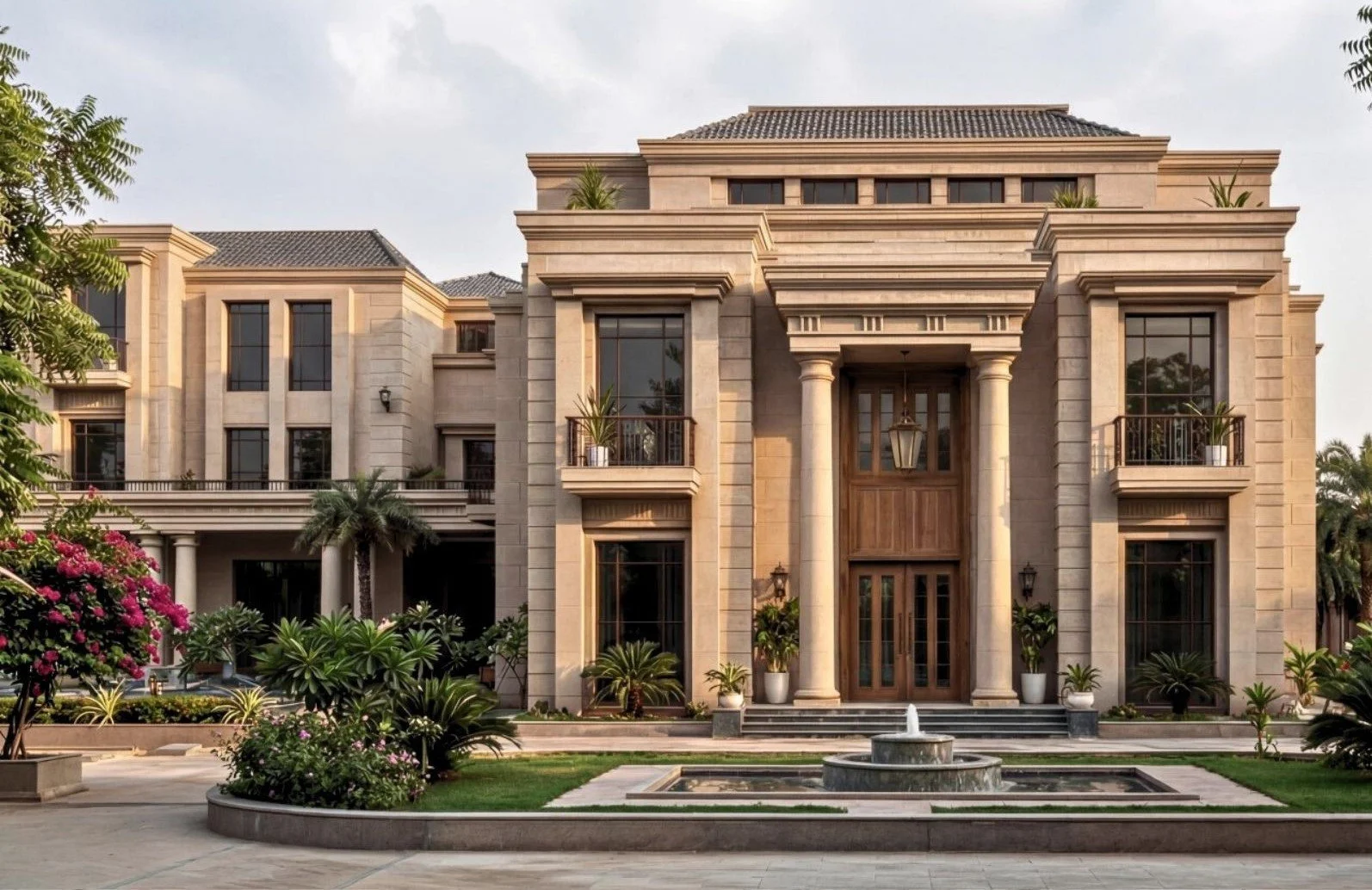Large luxury mansion with grand entrance, tall columns, and a fountain in front, landscaped with plants and trees.