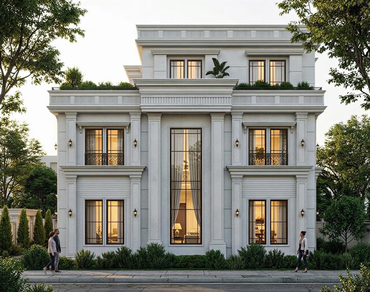 A large, white, multi-story city house with tall windows, balconies, and decorative columns, surrounded by greenery and trees, with walking pedestrians on the sidewalk.