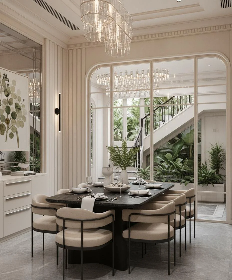 Elegant dining room with a black table, cream upholstered chairs, and decor including placemats, plates, wine glasses, and vases with greenery. Large windows and a staircase with plants visible outside.