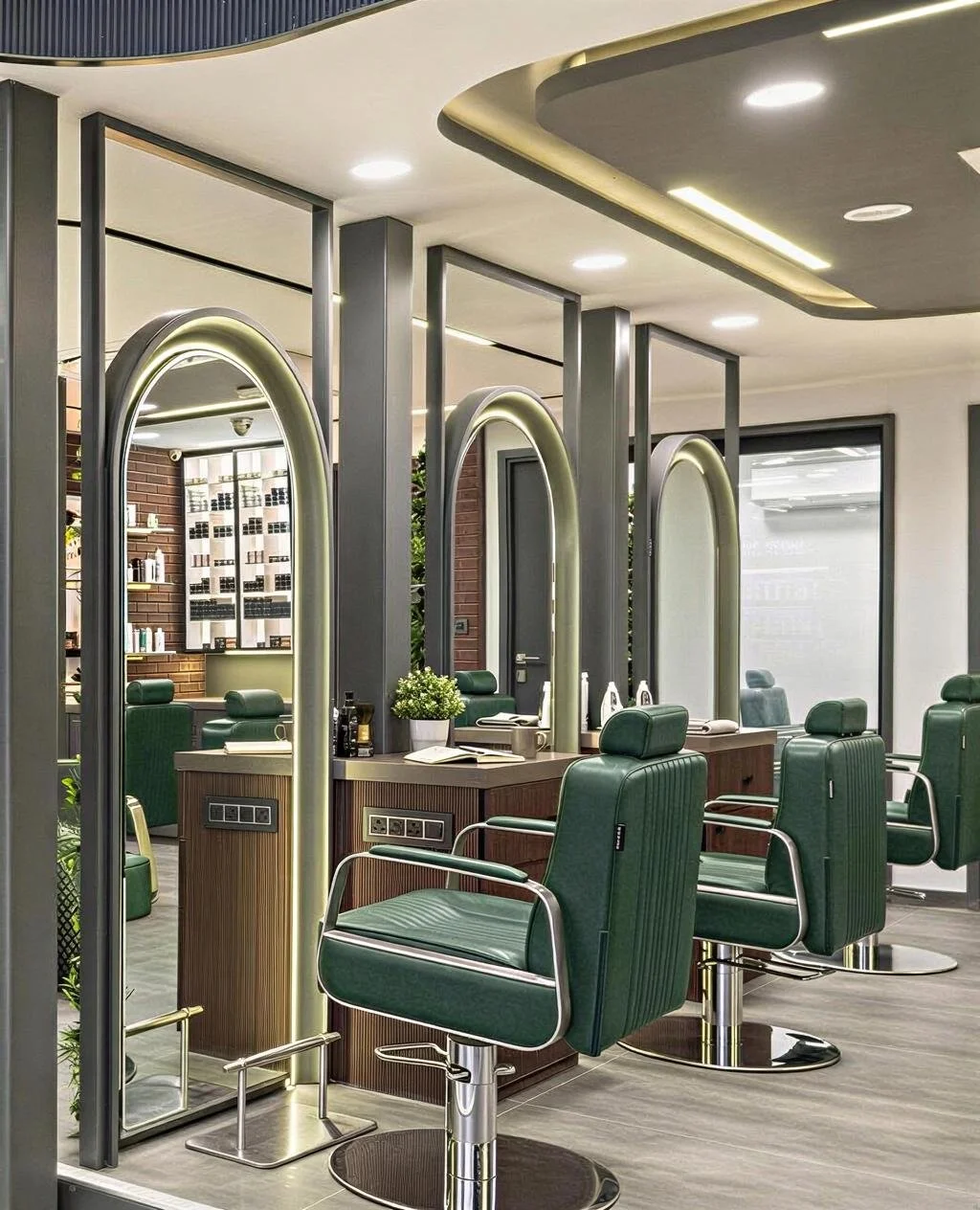 Modern salon or barbershop with green chairs, large mirrors with backlit edges, and a wooden counter. The space has a contemporary design with illuminated ceiling features and shelves with products.
