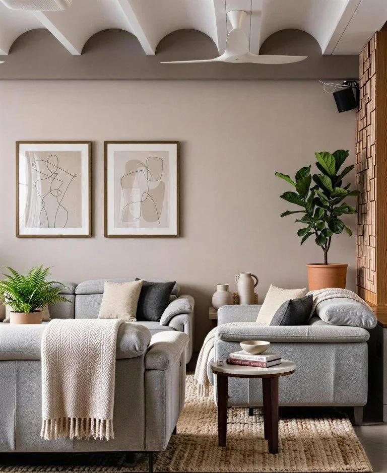 A living room with two beige leather sofas, a small side table with a bowl of fruit, framed minimalist line art on the wall, decorative pillows, neutral tones, a textured throw, and a rug.