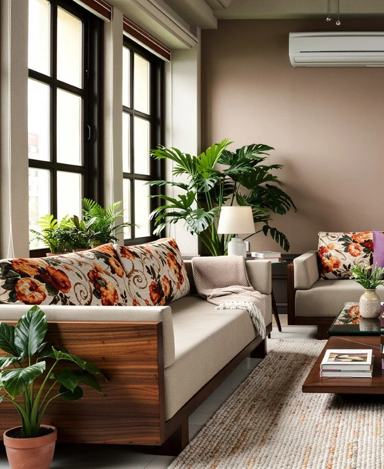 A cozy living room with two large windows, a beige sofa with floral cushions, a side table with a lamp, a beige armchair with a throw blanket, a wooden coffee table with books and a vase with flowers, an air conditioning unit on the wall, and a textu