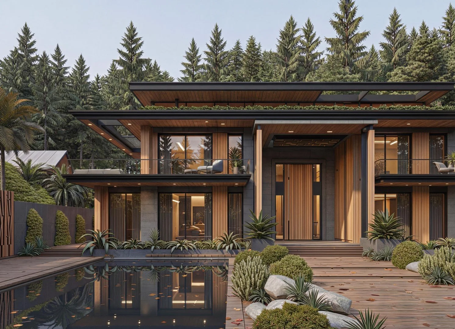 Modern two-story house with wooden exterior, large glass windows and balconies, surrounded by lush greenery and a pool in the front, located in a forested area.