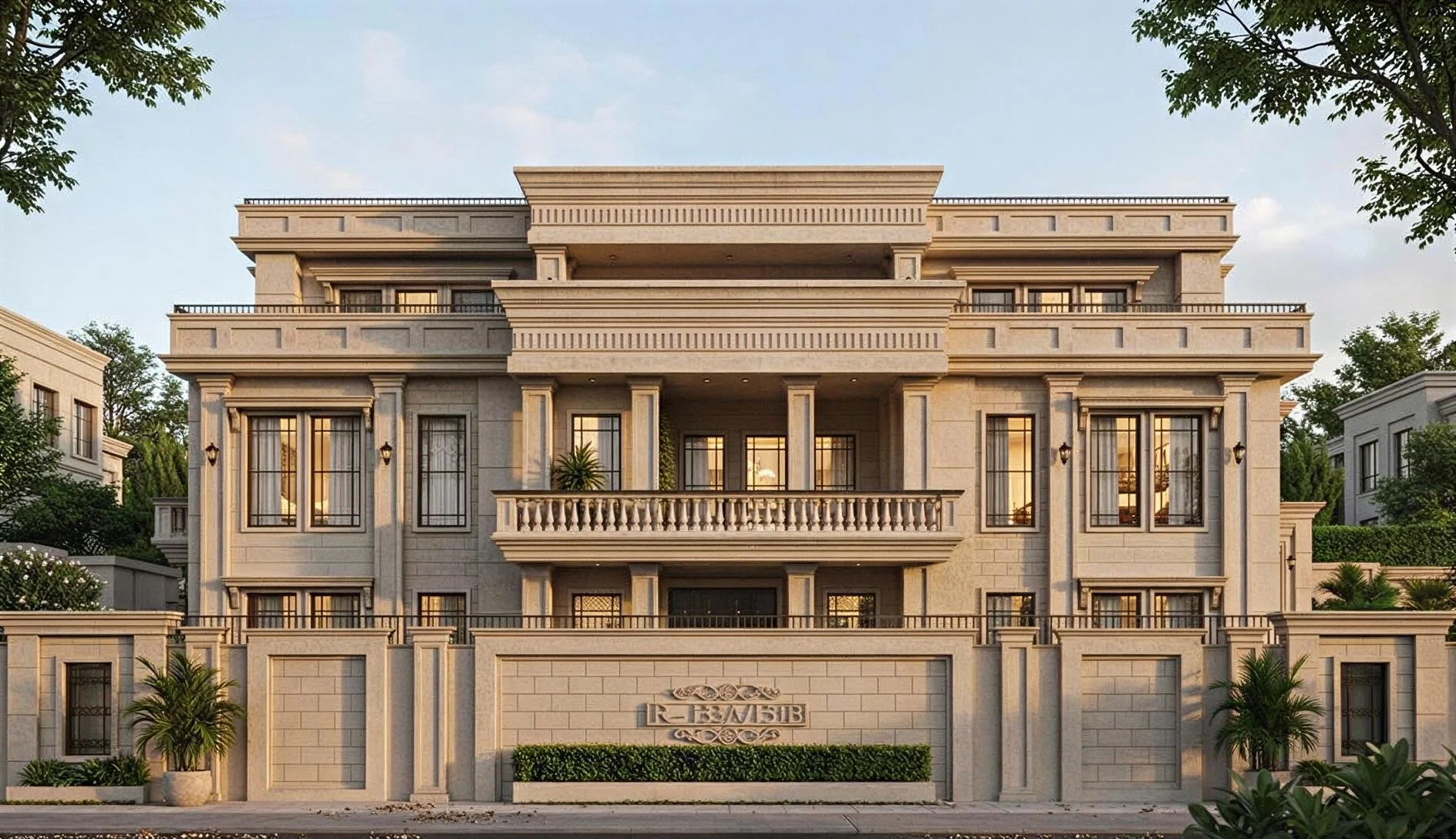 A grand, multi-story mansion with beige stone exterior, large windows, and balconies, surrounded by greenery and trees.
