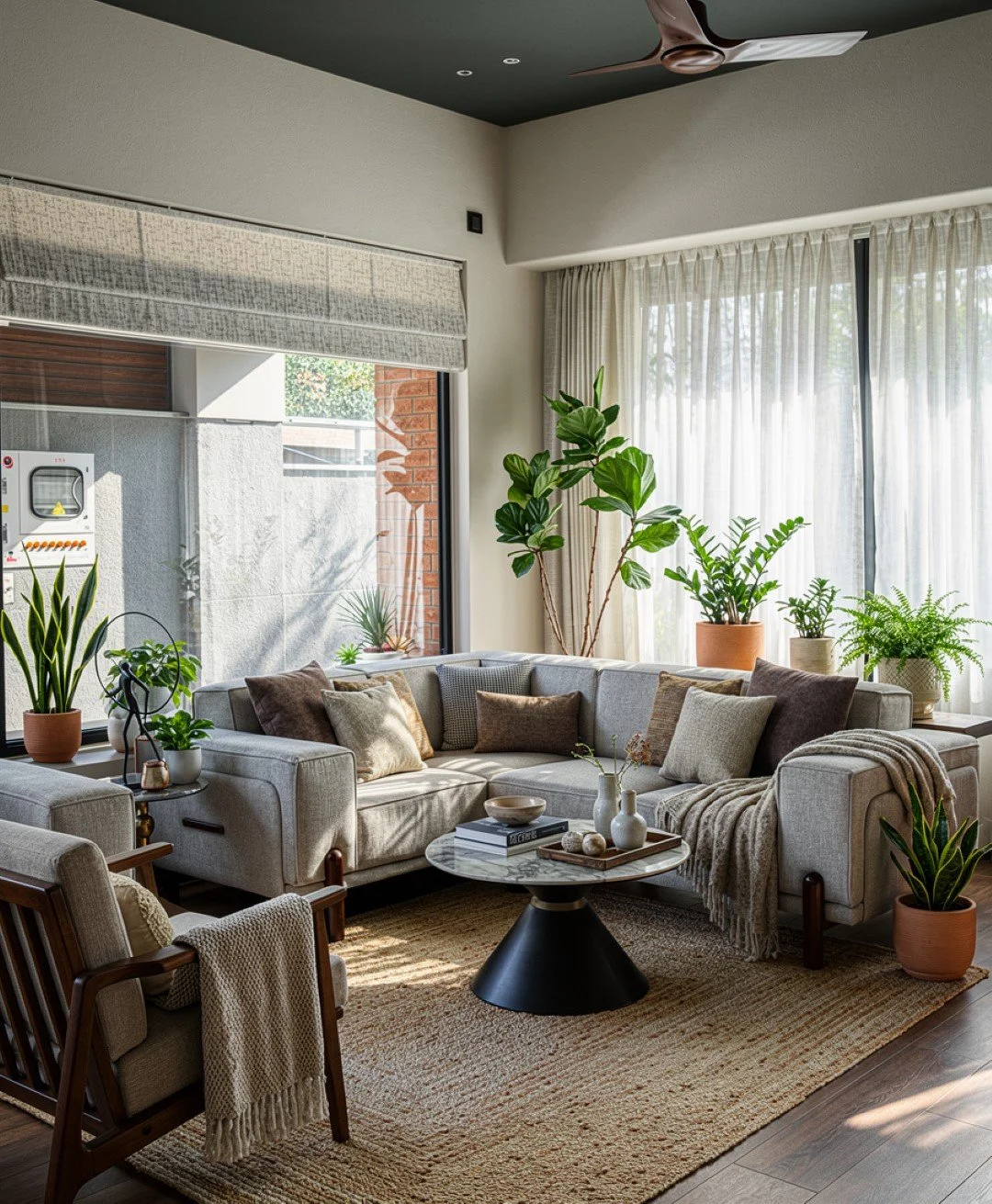 Living room with beige sectional sofa, coffee table, large potted plant, and large window with white curtains.