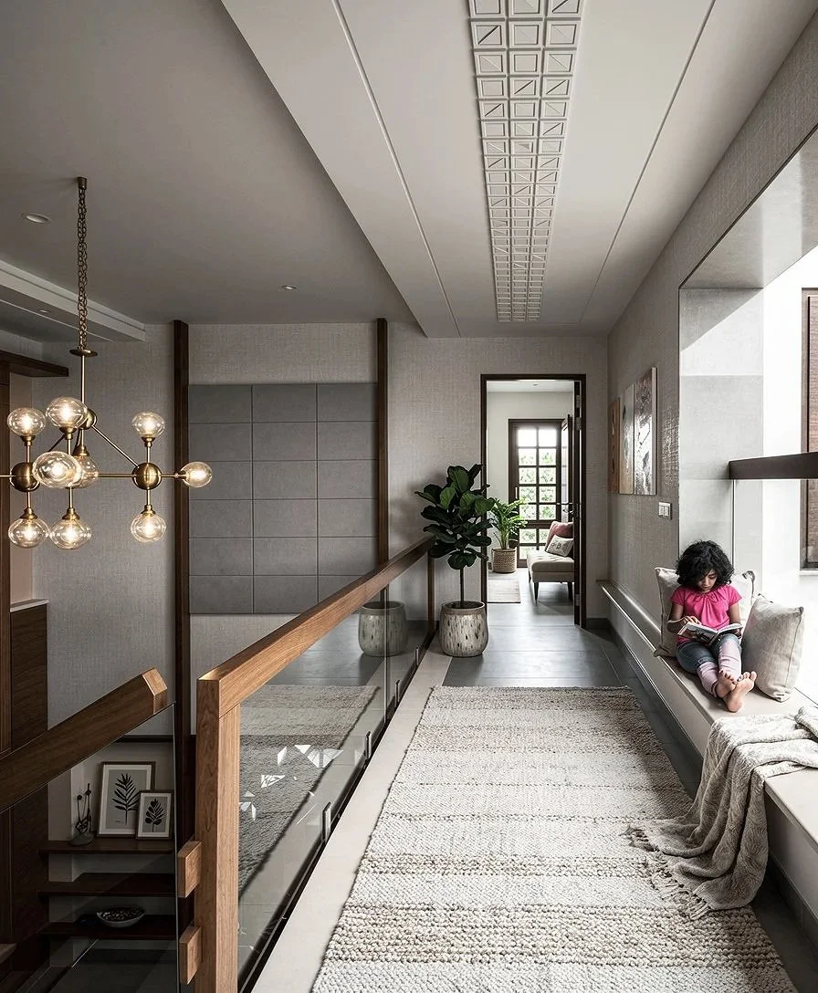 A modern, well-lit hallway with a girl sitting on a window seat reading a book. The hallway features a beige textured wall, a large window with natural light, a patterned hanging rug, and green potted plants.
