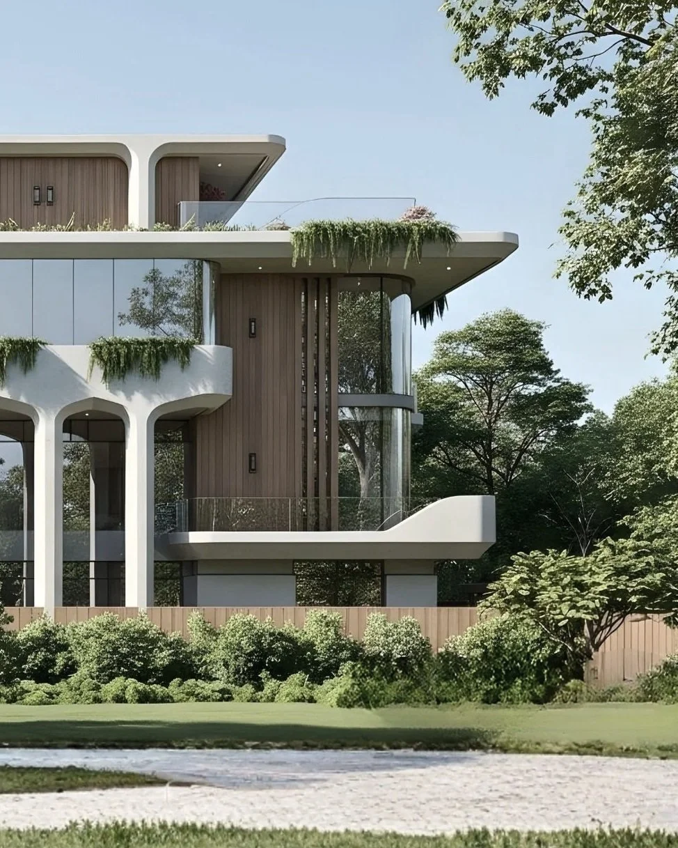 Modern multi-story house with curved balconies and large glass windows, surrounded by lush greenery and trees.