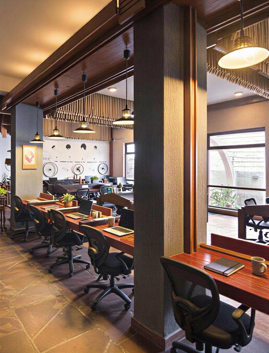 Interior of a modern office or co-working space with a large conference table, multiple chairs, computers, notebooks, and a cup on a small wooden desk. There are pendant lights, a wall with artistic decoration, and large windows letting in natural li