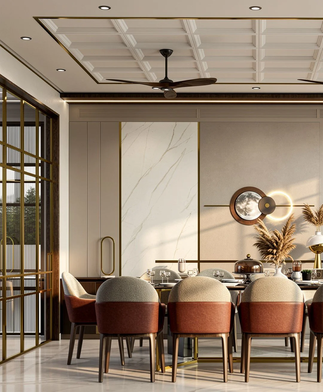 Modern dining room with a large table surrounded by beige and pink upholstered chairs, decorated with vases of dried plants, and featuring a wall with abstract art and circular wall lights. The ceiling has recessed lighting and a ceiling fan.