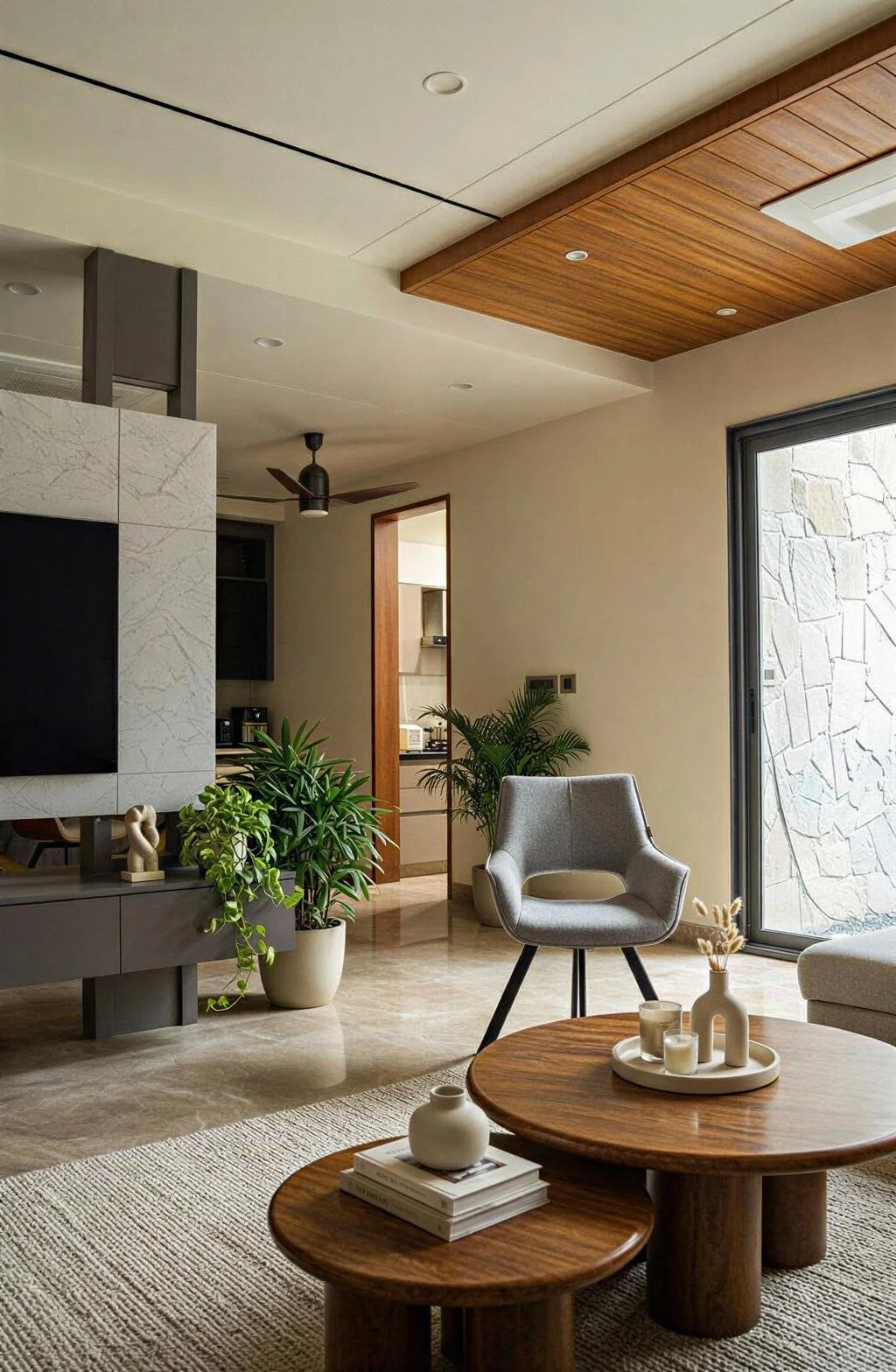 Modern living room with a beige carpet, round wooden coffee tables, a gray chair, green potted plants, a large window with stone wall outside, and a partial view of the kitchen.