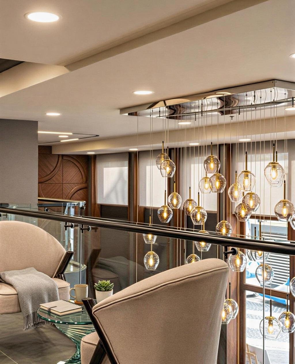 Modern interior with hanging pendant lights, beige armchairs, a small glass coffee table, books, a plant, and large windows.