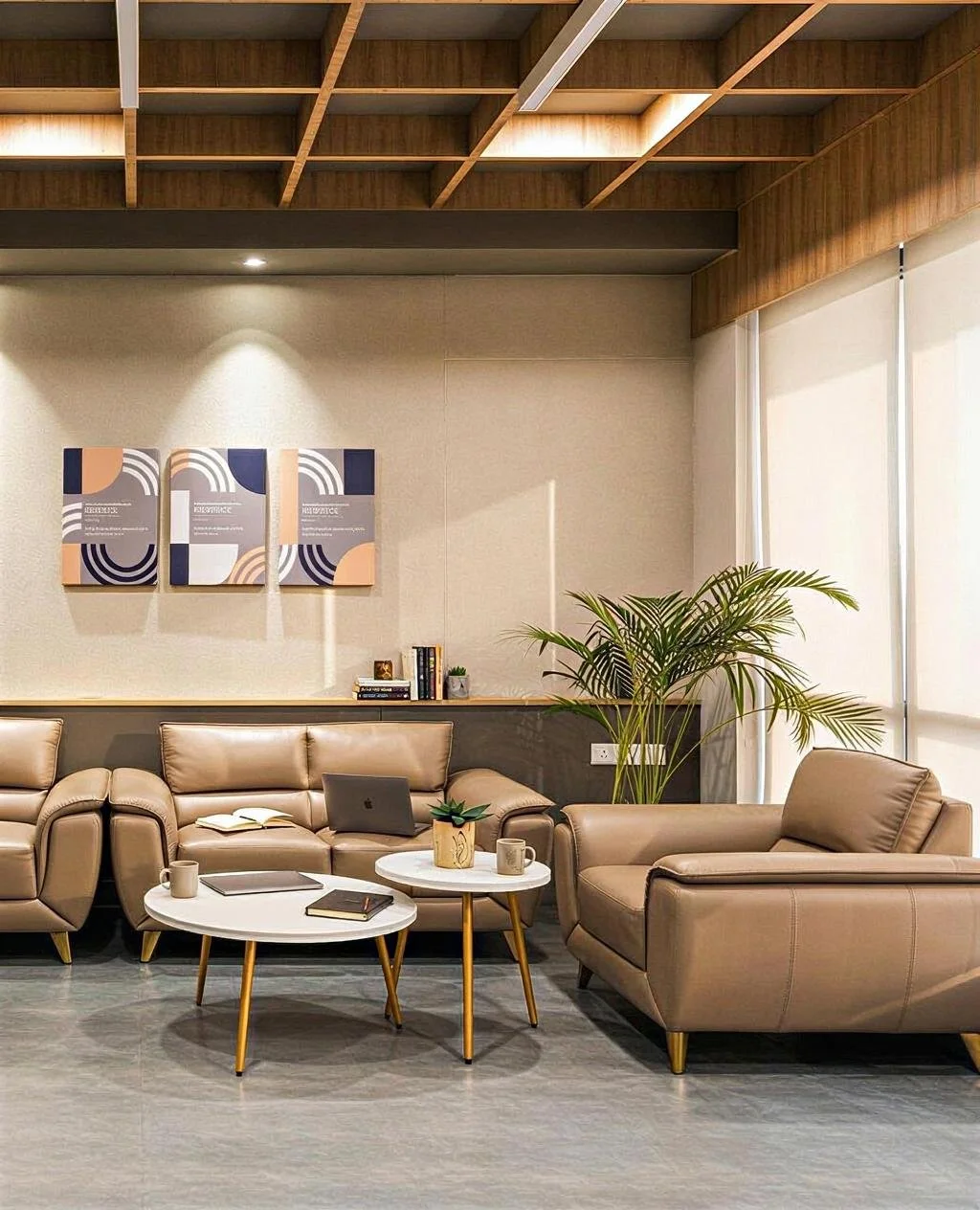 Modern lounge area with beige leather sofas, a white coffee table with gold legs, and a large potted plant. The back wall has a beige textured wall with three abstract art pieces, and there's a wooden ceiling with open grid design and natural light c