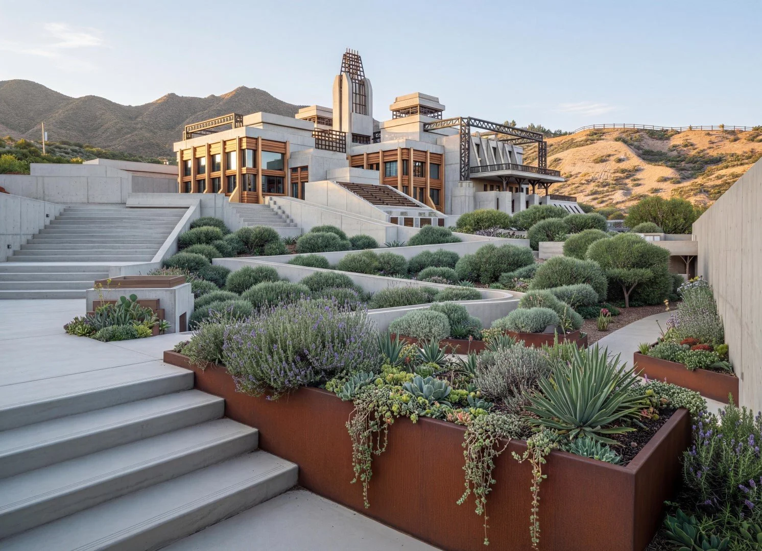 Modern house with concrete stairs and plant beds filled with various succulents and drought-tolerant plants, set on a hillside with mountain backdrop during daylight.