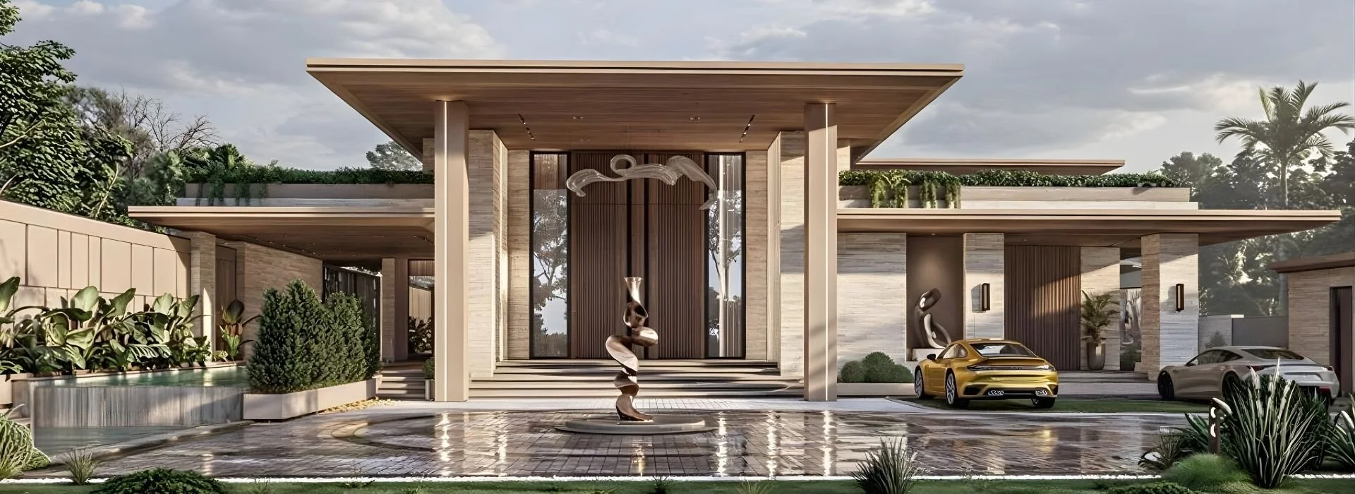 Modern luxury house with launching pad style roof, glass doors, and a driveway with two cars, surrounded by lush greenery and sculptures.