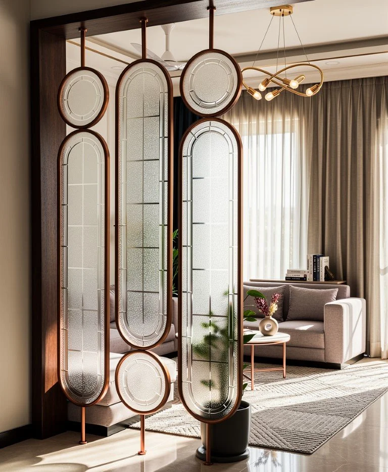 A modern decorative room divider made of glass and copper, with an elegant geometric design, partially obscuring a sitting area with a light-colored sofa, small side tables, a potted plant, and large windows with sheer curtains.