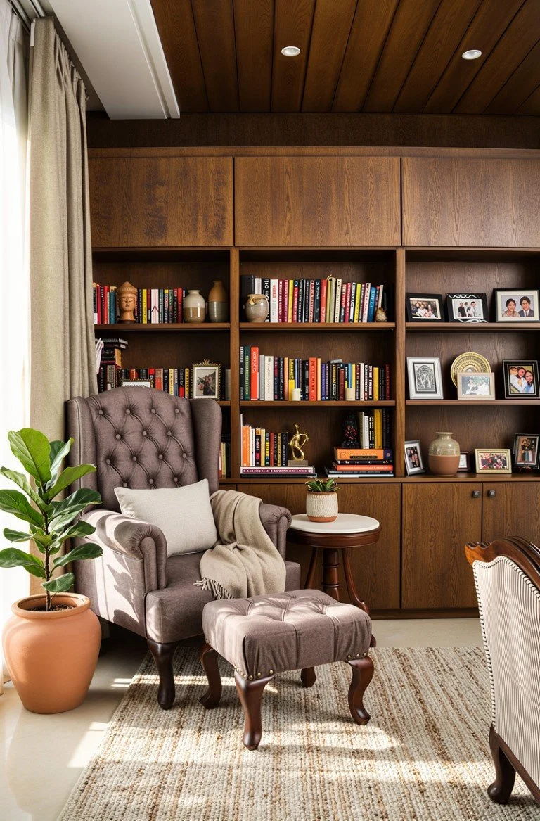 A cozy living room corner with a tufted armchair, matching ottoman, bookshelf filled with books and framed photos, a potted plant, and a side table with a small plant, all near a window with beige curtains and warm wood paneling on the ceiling and wa