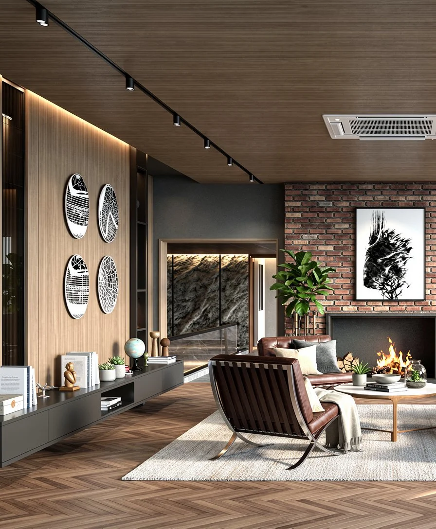 Modern living room with wooden panel ceiling, brick wall, black leather sofa, wooden armchair, coffee table, and artwork on the walls.