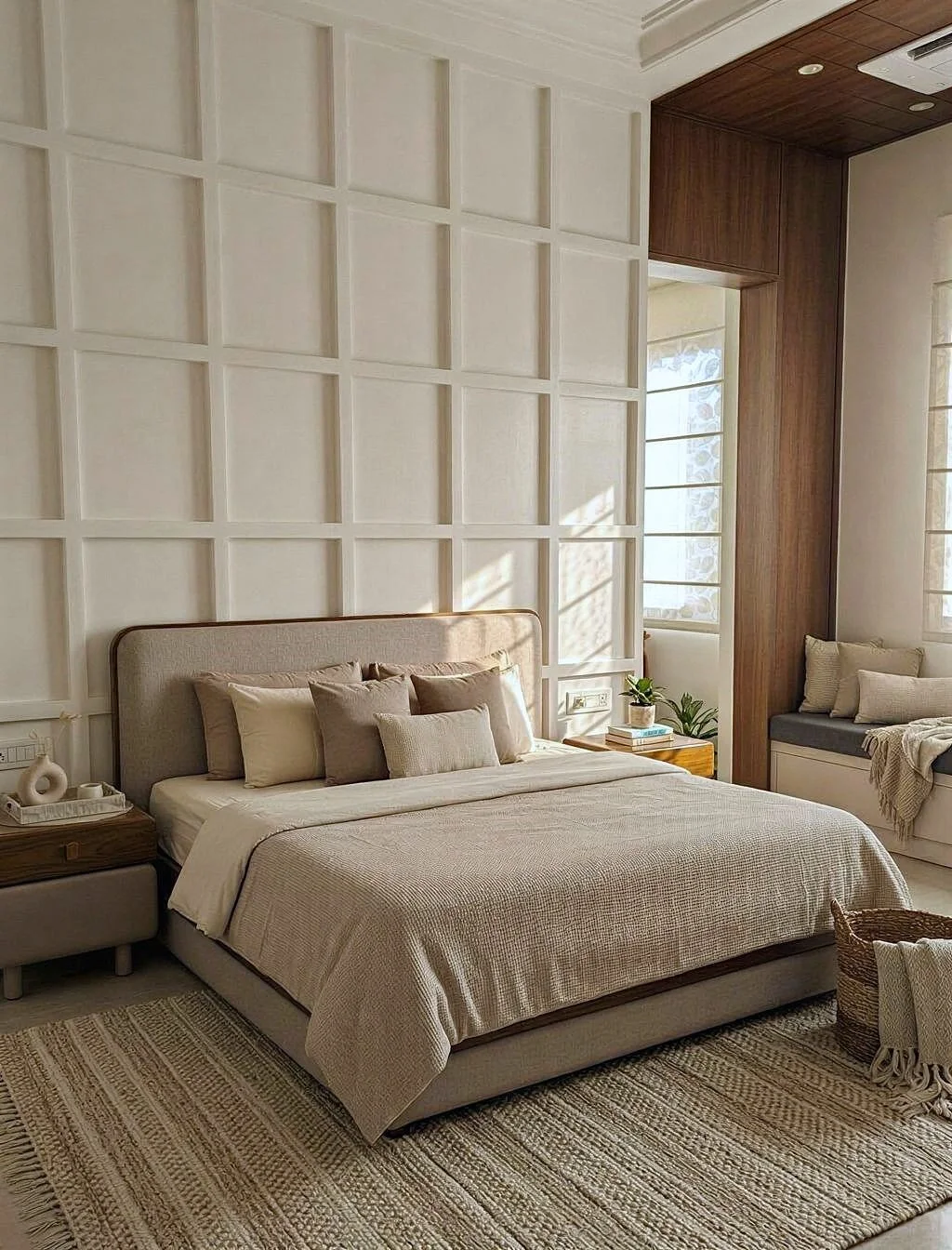 A bedroom with a beige upholstered bed, a cream comforter, multiple beige and brown pillows, a woven rug, a side table with a decorative item, a small plant, and windows with white curtains.