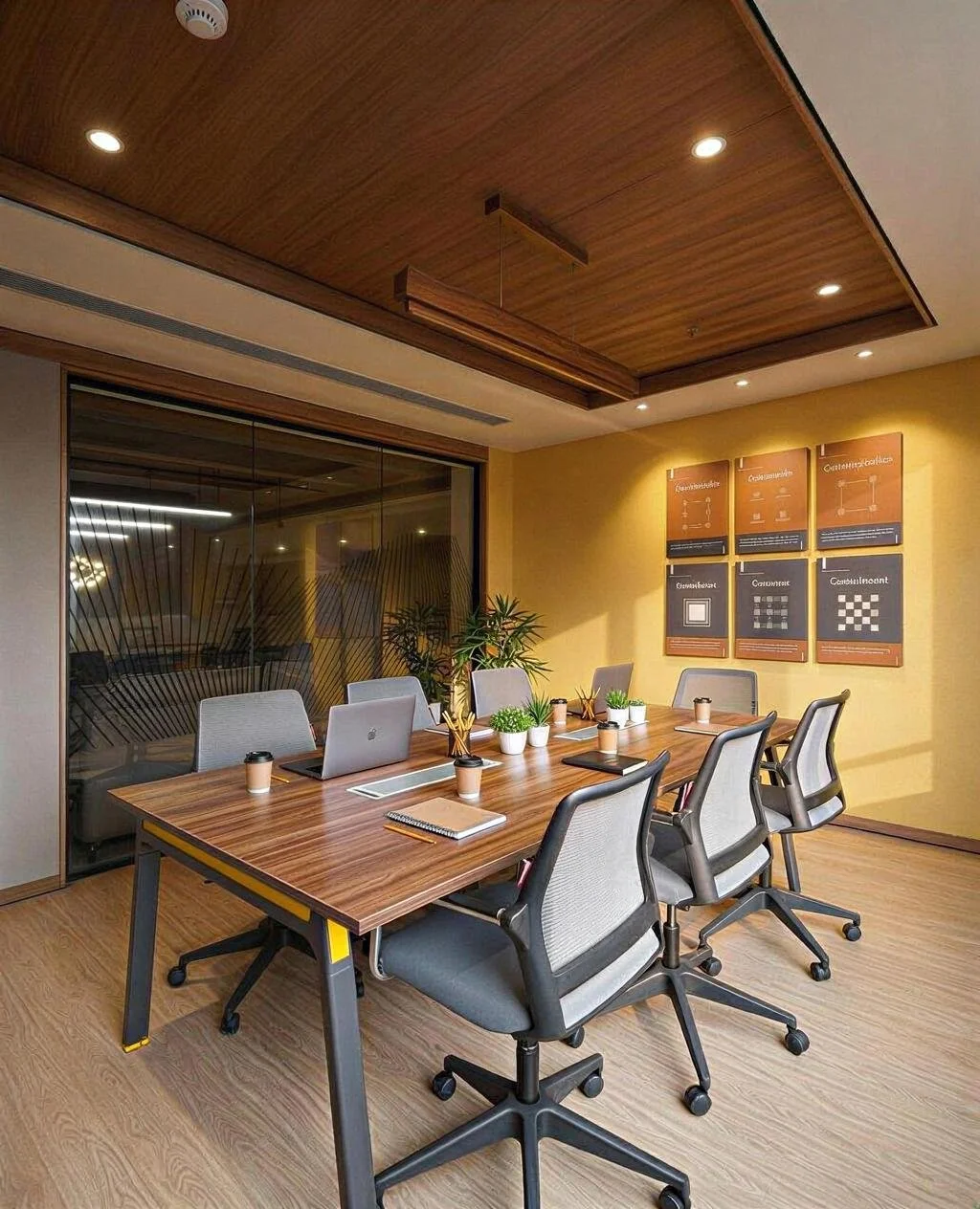 Modern conference room with a wooden table, six ergonomic chairs, laptops, notebooks, plants, and framed infographics on the yellow wall. Glass wall with blinds separates the room from another space.