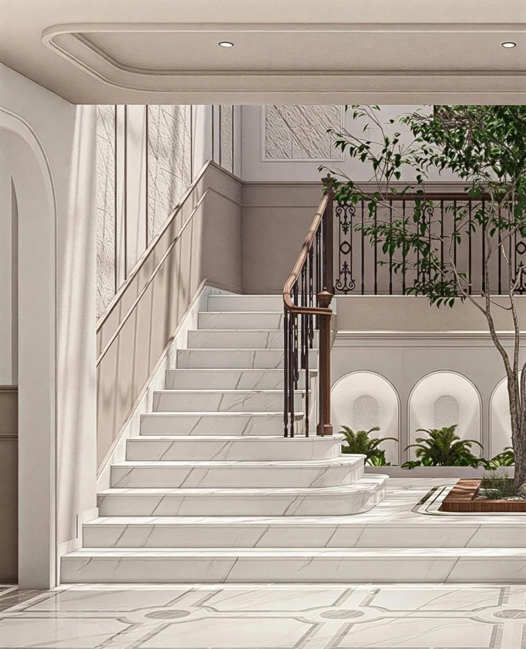 Elegant indoor staircase with white marble steps, dark iron railing with a wooden handrail, greenery in a planter, and decorative wall panels in a spacious interior
