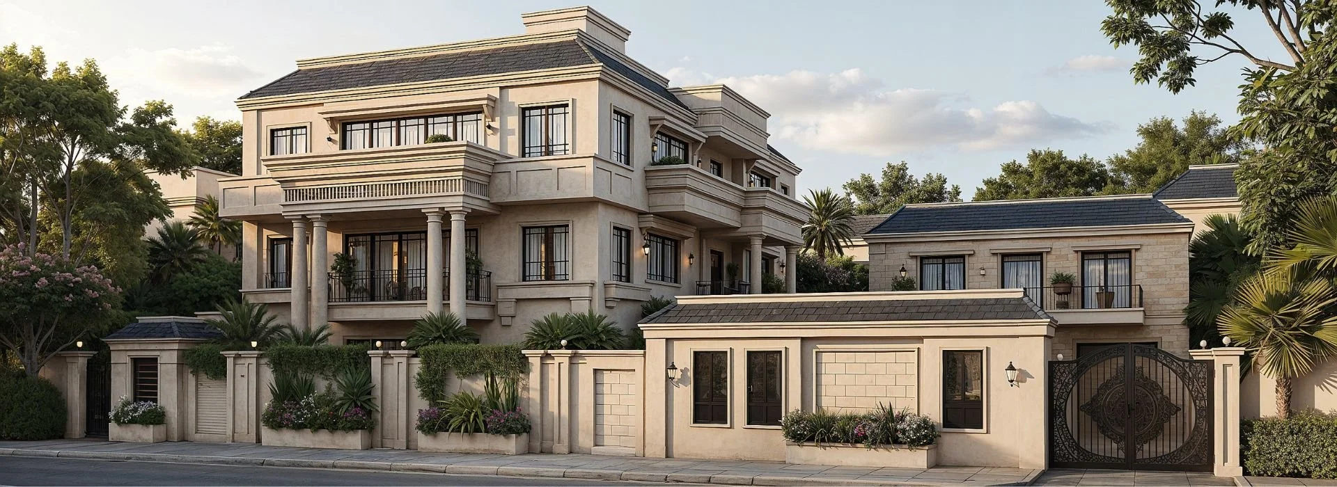 Luxury multi-story house with a stone exterior, balconies, and tall columns, surrounded by a decorative wall and lush greenery.