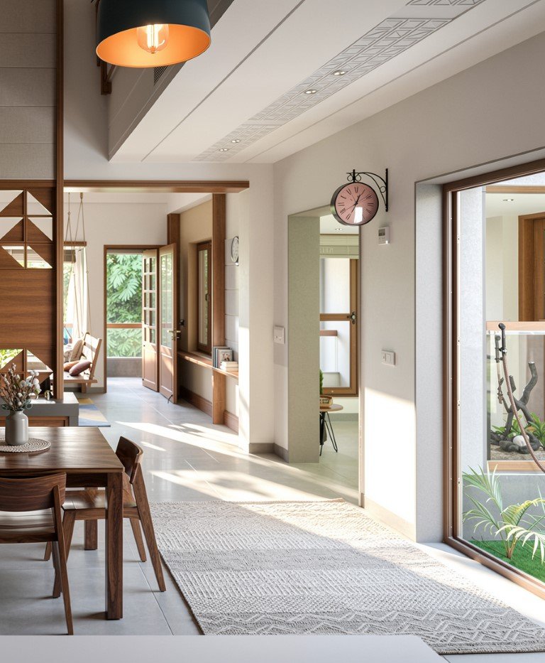 Interior of a modern home featuring a dining area with a wooden table and chairs, a hallway with natural light coming through windows, and a cozy sitting nook visible in the background. The space is decorated with warm wood accents, a large clock on 