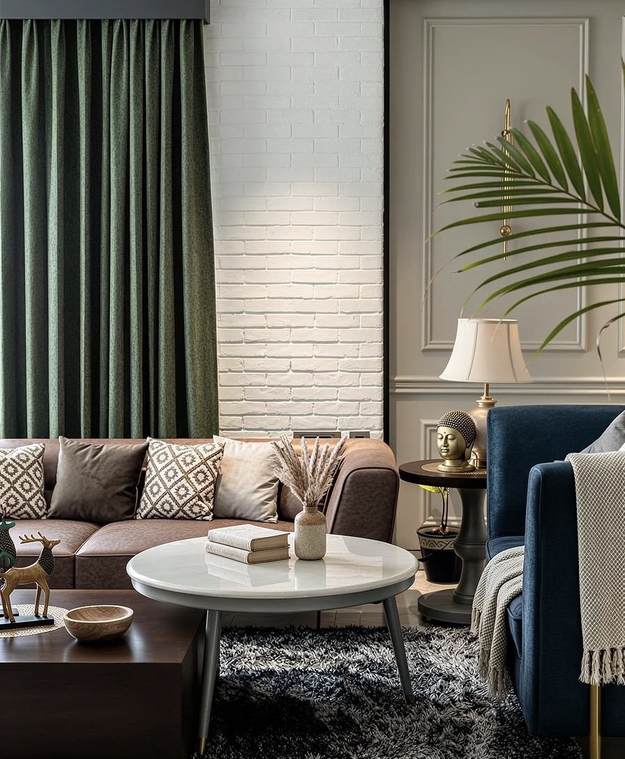 Living room with a pink couch with various patterned pillows, a white round coffee table with books and a vase of pampas grass, green curtains, a side table with a lamp and Buddha head sculpture, and a blue armchair with a beige throw blanket.