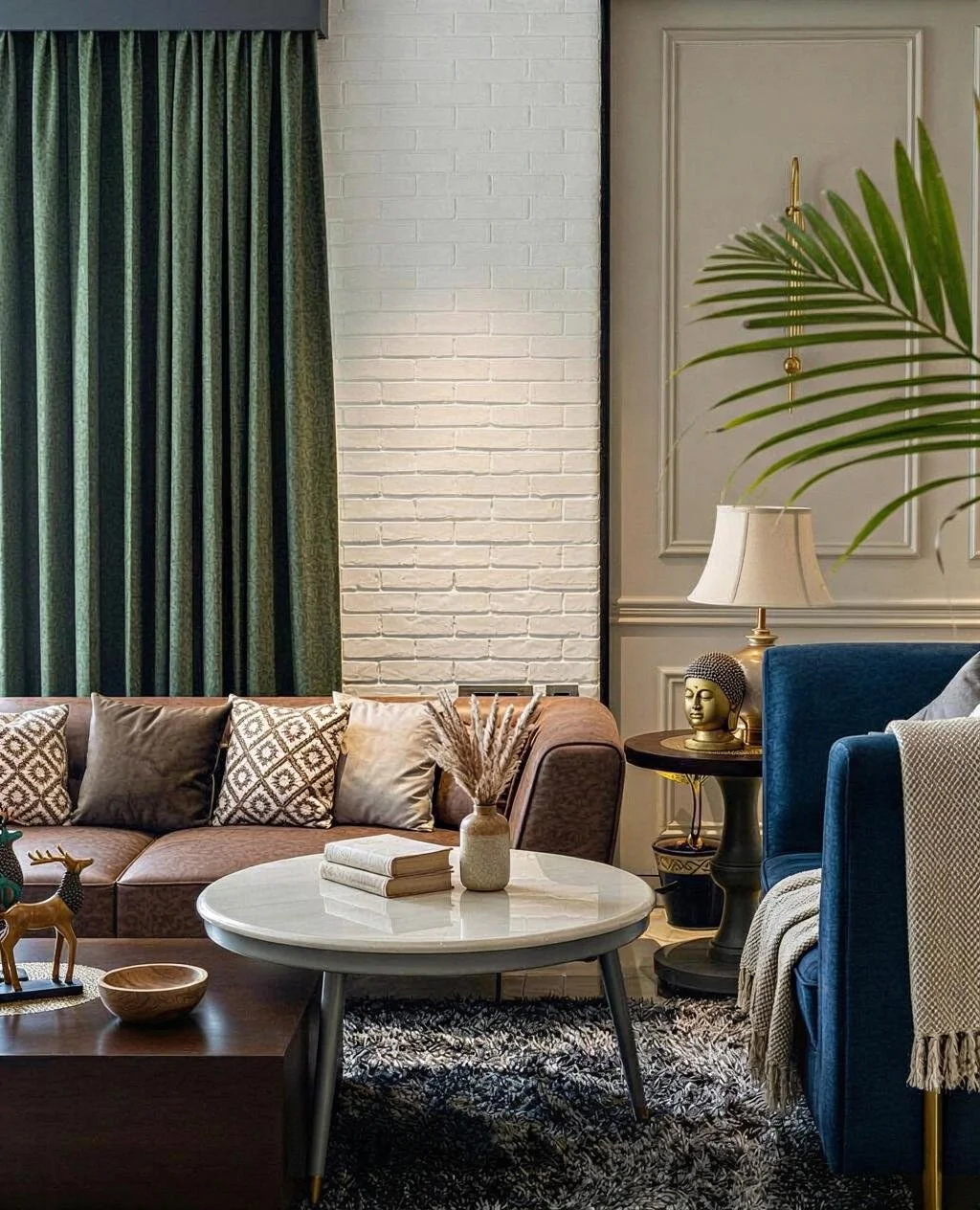 A cozy living room with a brown sofa, patterned pillows, a white round coffee table with books and a decorative vase, a side table with a Buddha head sculpture and lamp, a beige wall with molding, green curtains, and a blue armchair with a blanket, a