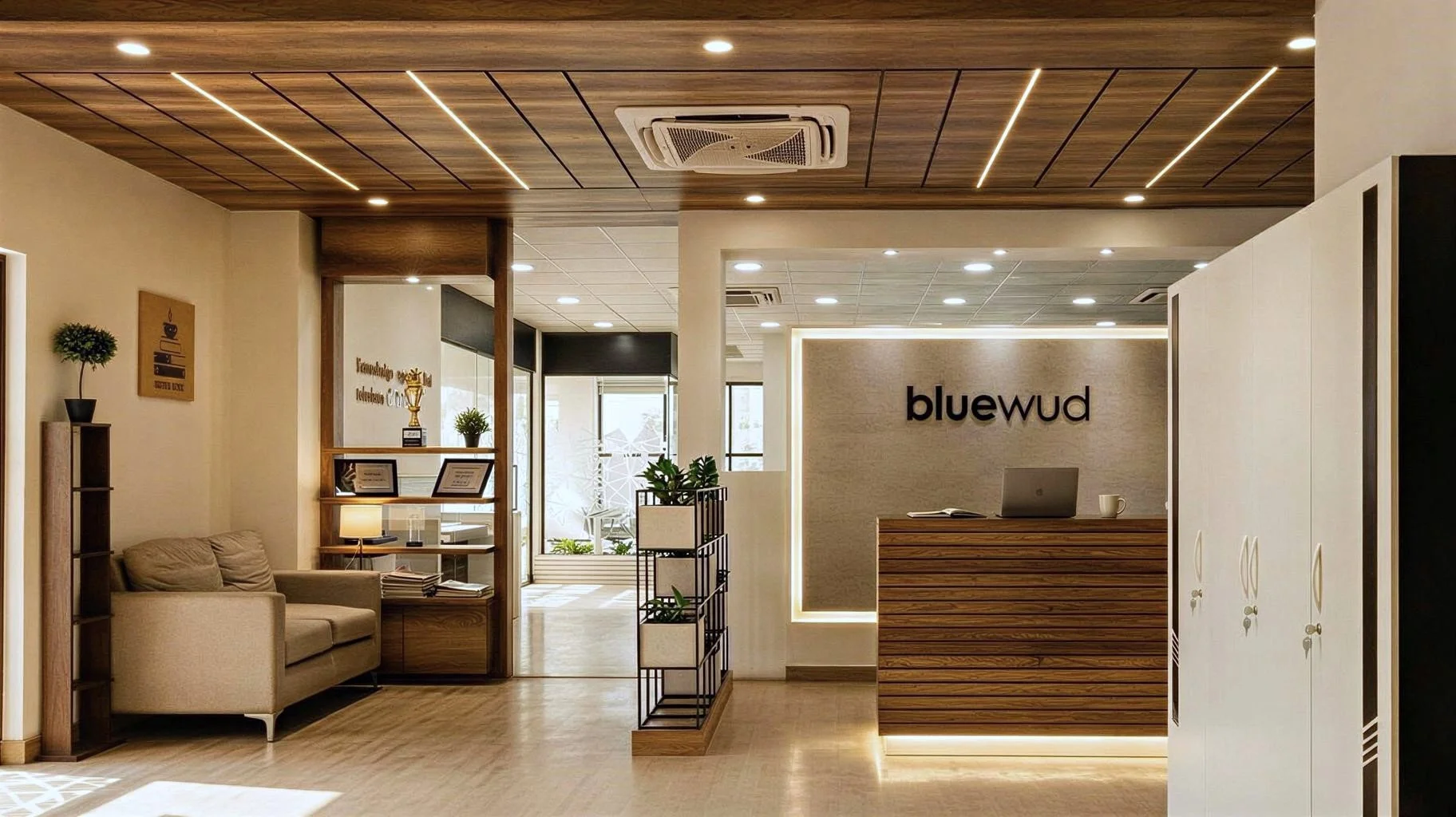 Reception area with a wooden front desk, a computer, a white mug, and a beige wall with the black sign 'bluewud'; to the left, a beige sofa, a small side table, framed certificates, small potted plants, and a wooden shelf with awards; modern ceiling with wooden panels and linear LED lights, and a glass door with white pattern in the background.