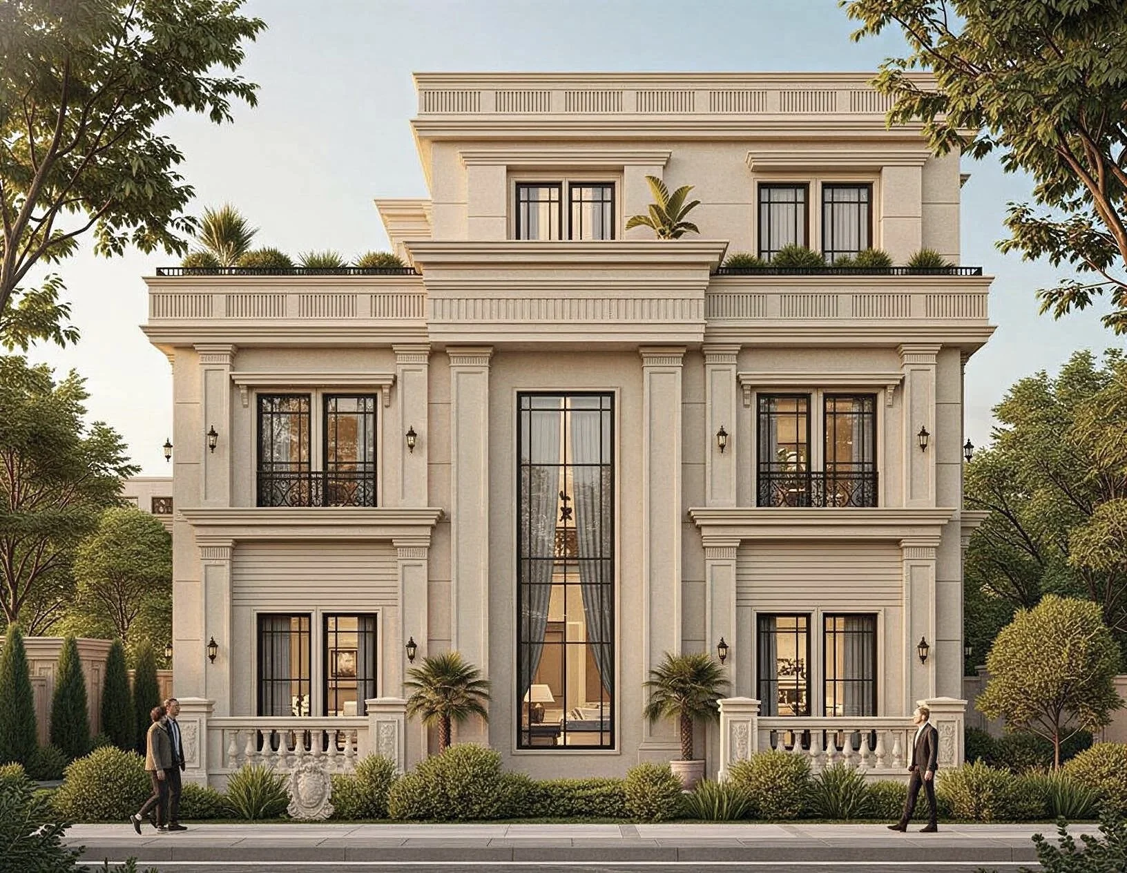 Elegant multi-story mansion with large windows, balconies with black wrought iron railings, and a lush landscaped front yard with trees and bushes.
