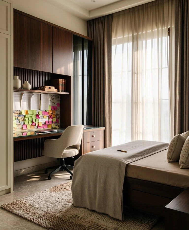 A bedroom with a bed, a desk with sticky notes, and a window with curtains letting in natural light.
