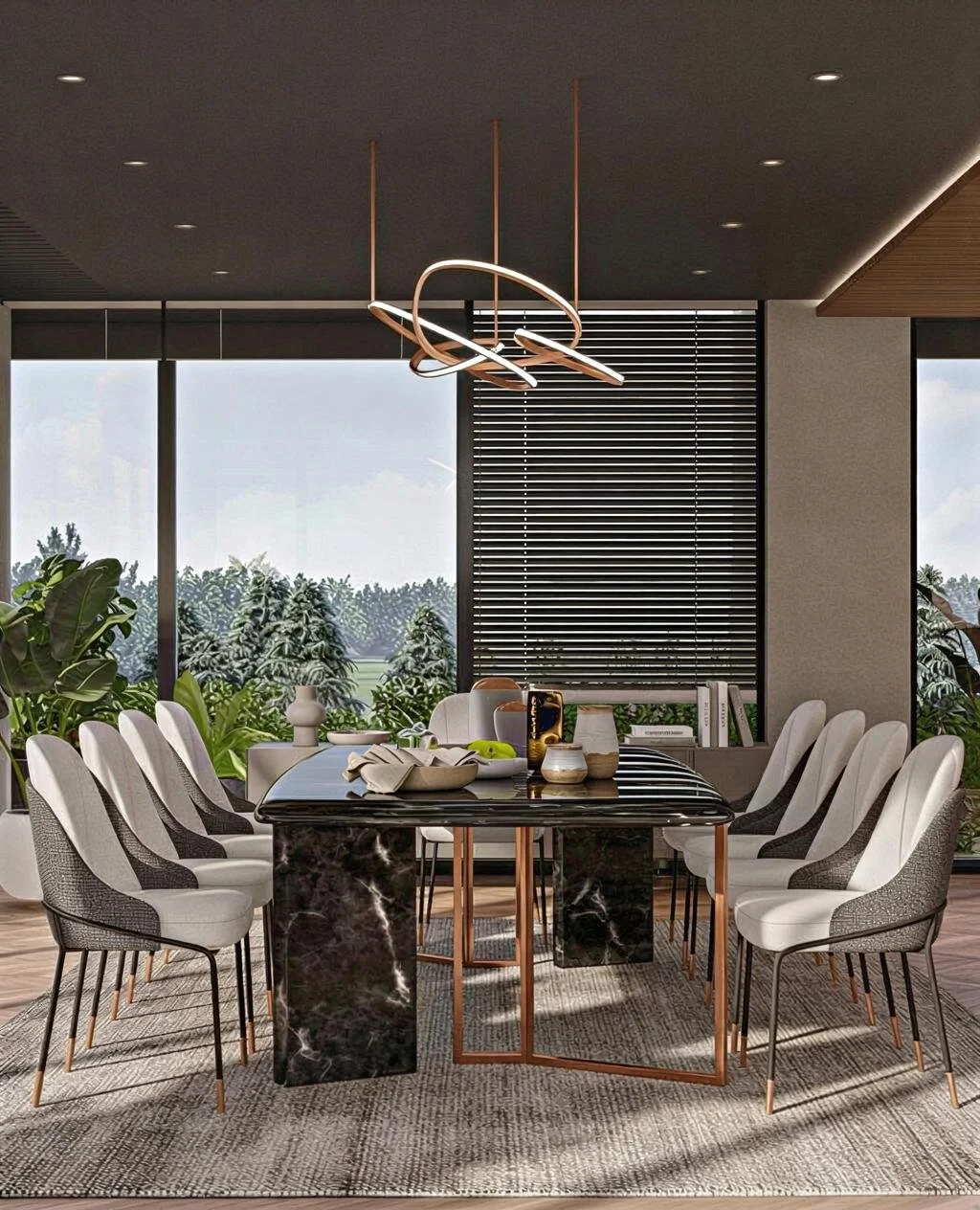 Modern dining room with a black marble table, white and gray chairs, decorative vases, a rug, and large windows showing outdoor greenery.