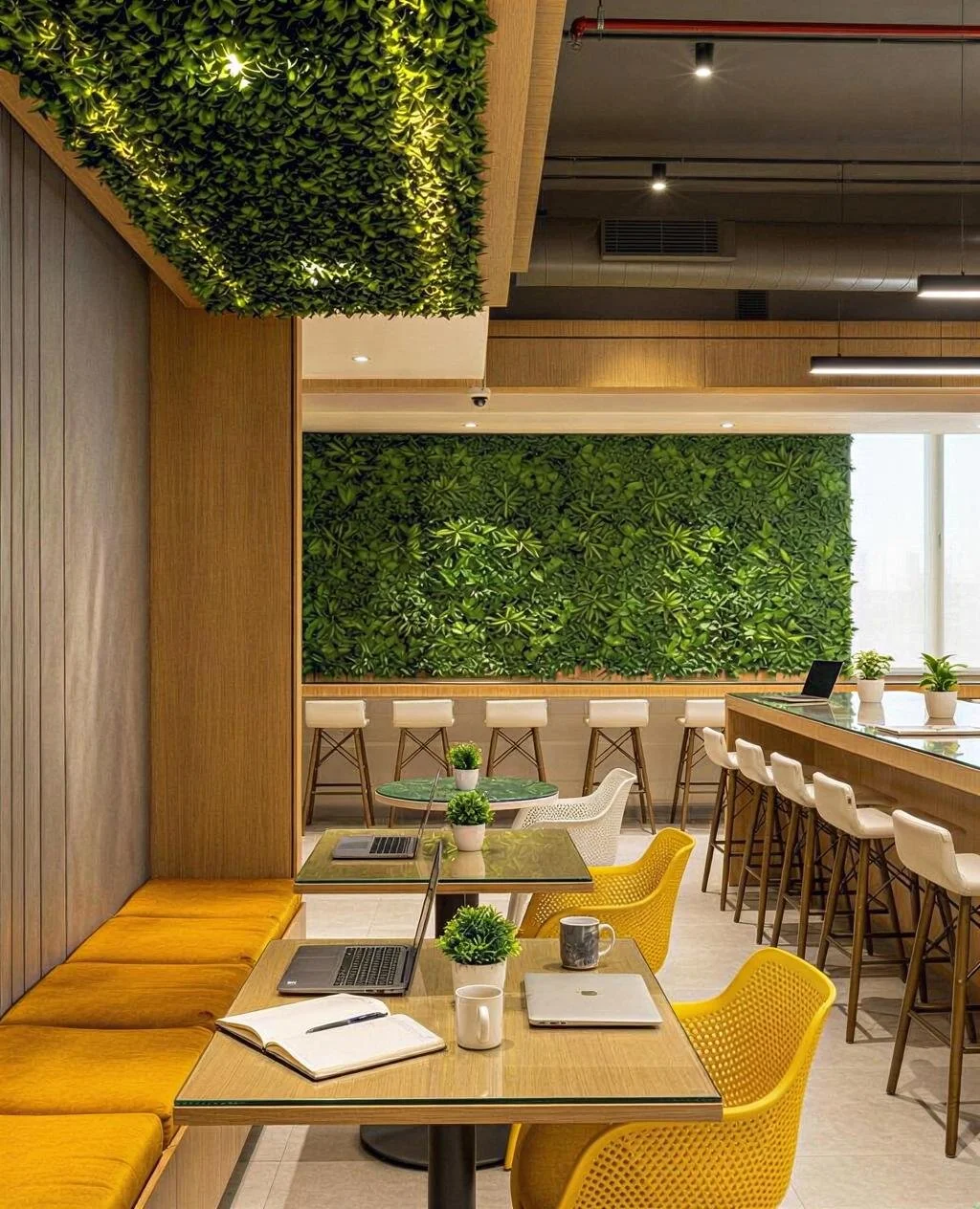 Modern coffee shop interior with wooden accents, green leafy wall decor, yellow and white chairs, and tables with laptops and plants.